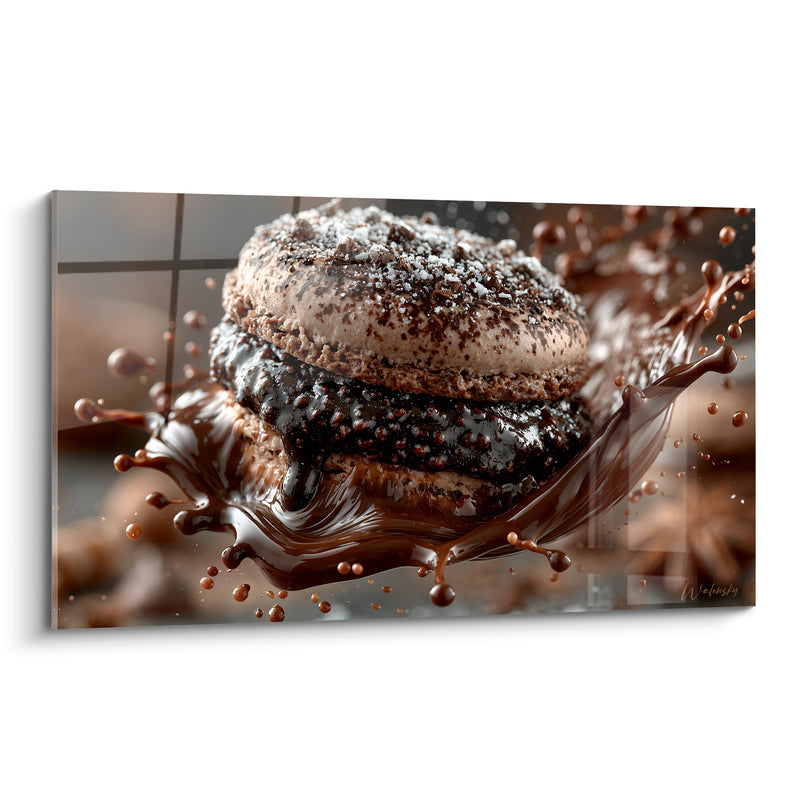 Tableau Macaron beige et brun noyé de vague chocolatée - Sucre glace poudré - Edition Macaron