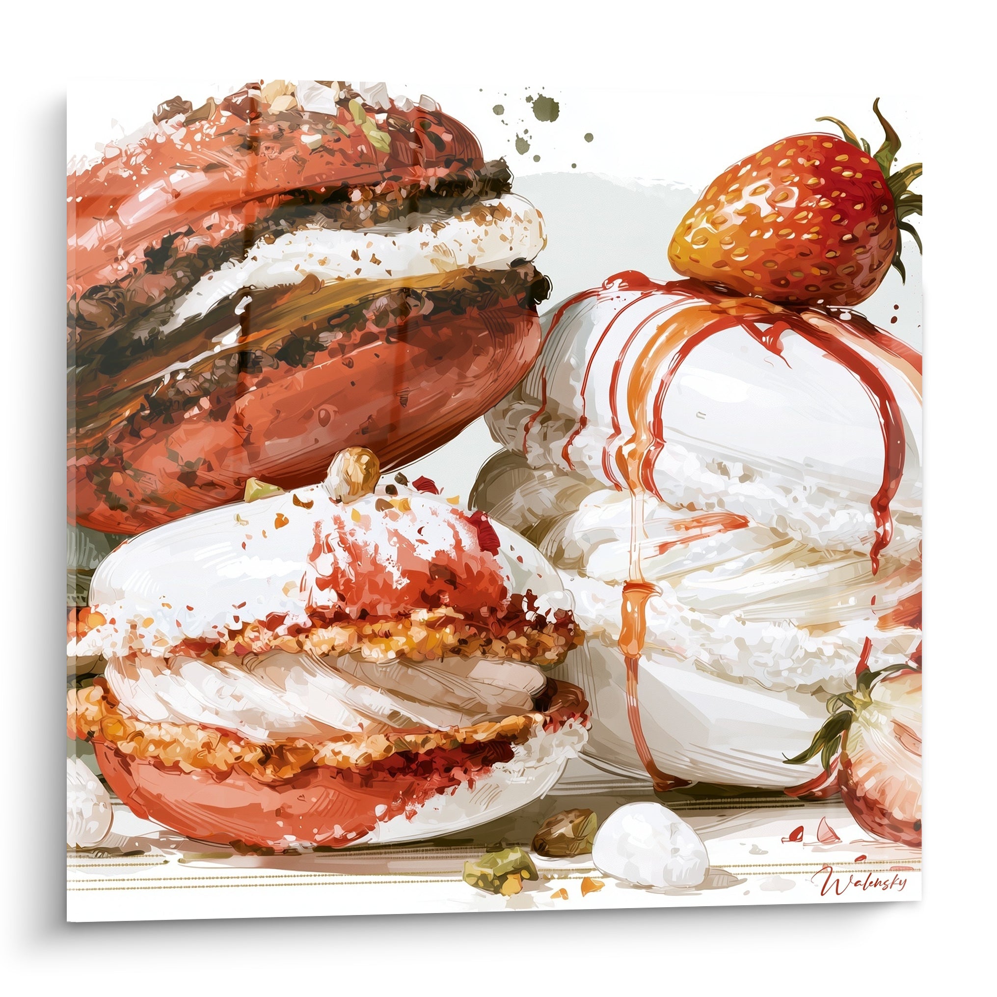 Macarons empilés chocolat et fraise, coulis caramel doré sur fond blanc crème lumineux
