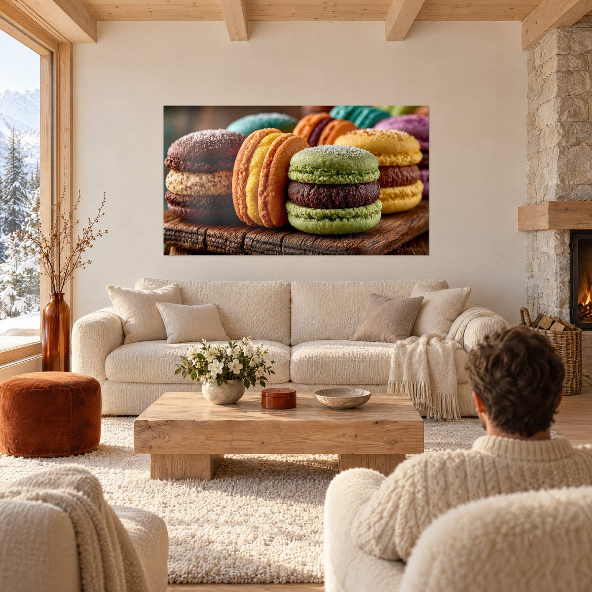 Tableau macarons pistache et orange, coques sucrées poudrées, planche brune, couple de dos au-dessus d'un canapé dans un salon lumineux