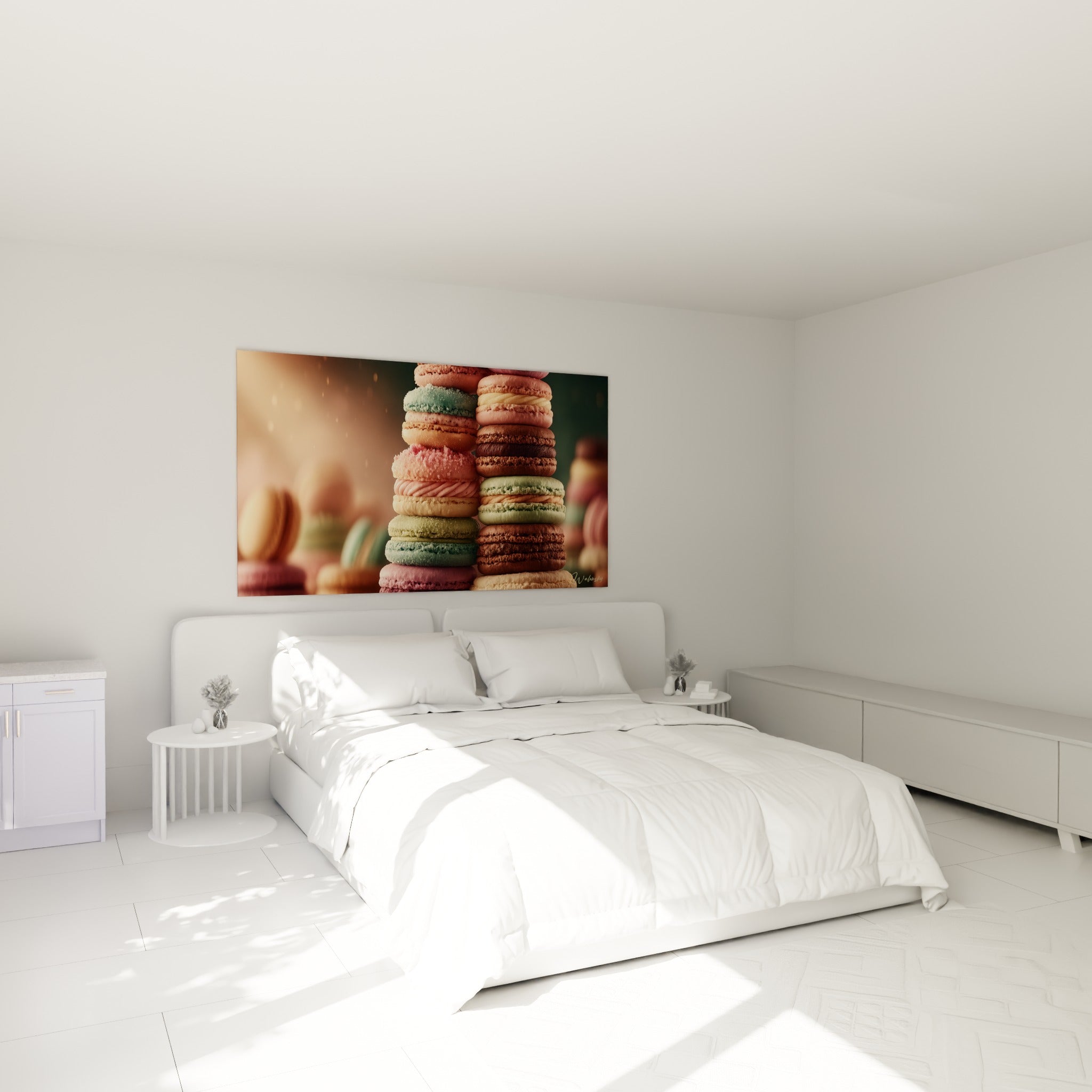 Macarons colorés en pile rose et pêche accrochés au-dessus d'un lit dans une chambre claire.