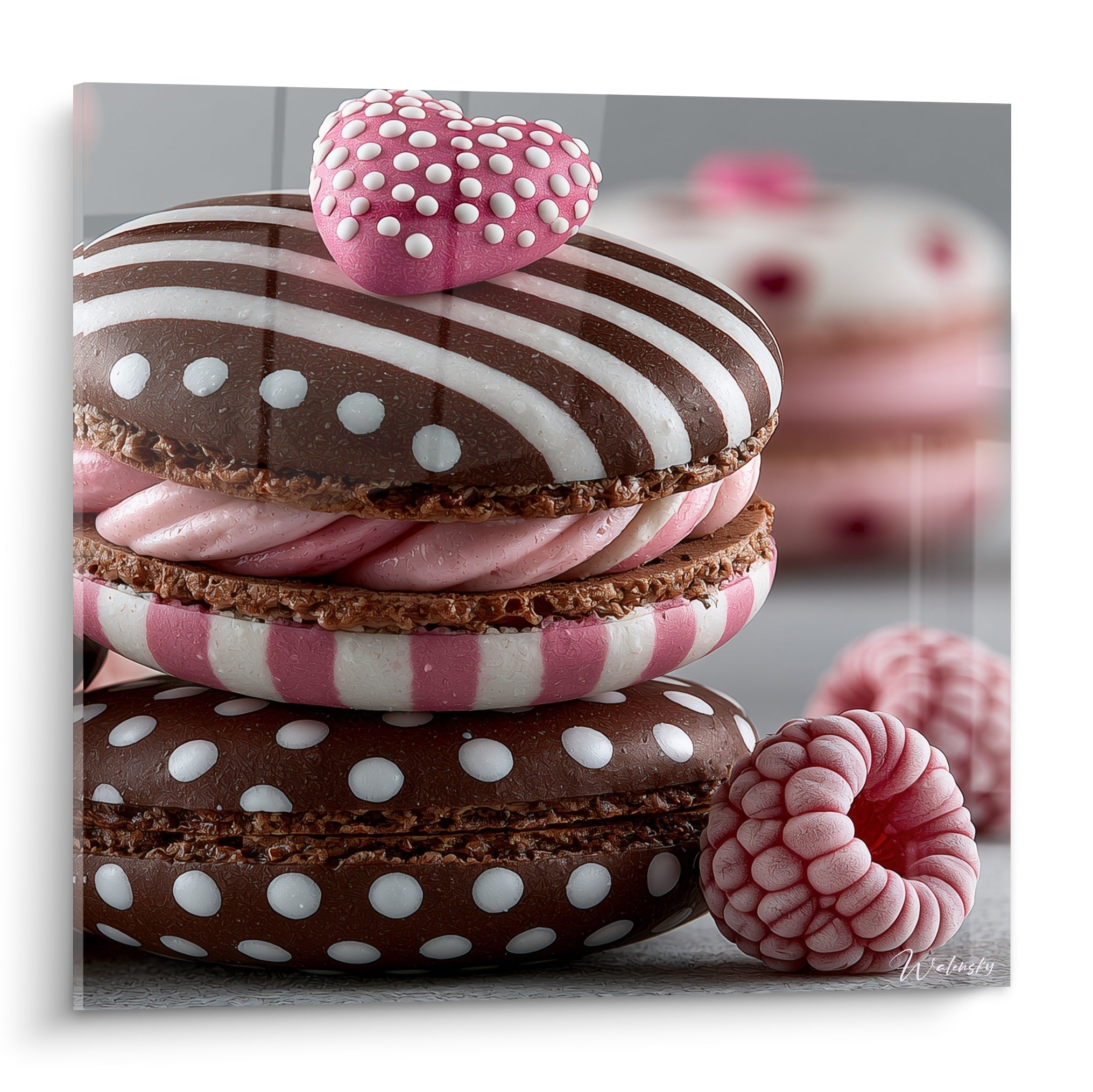 Macarons chocolat rayé et rose empilés avec cœur sucré et framboises fraîches en avant-plan