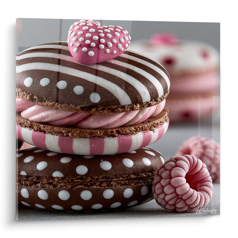Tableau Macaron chocolat et rose à pois surmonté d'un cœur - Framboises et coques rayées - Edition Macaron