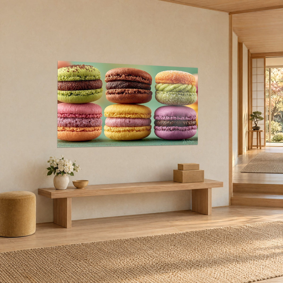 Tableau pâtisserie en trois tours de macarons, coques jaune beurre et rose bonbon sur fond vert d'eau, mur d'un couloir japandi