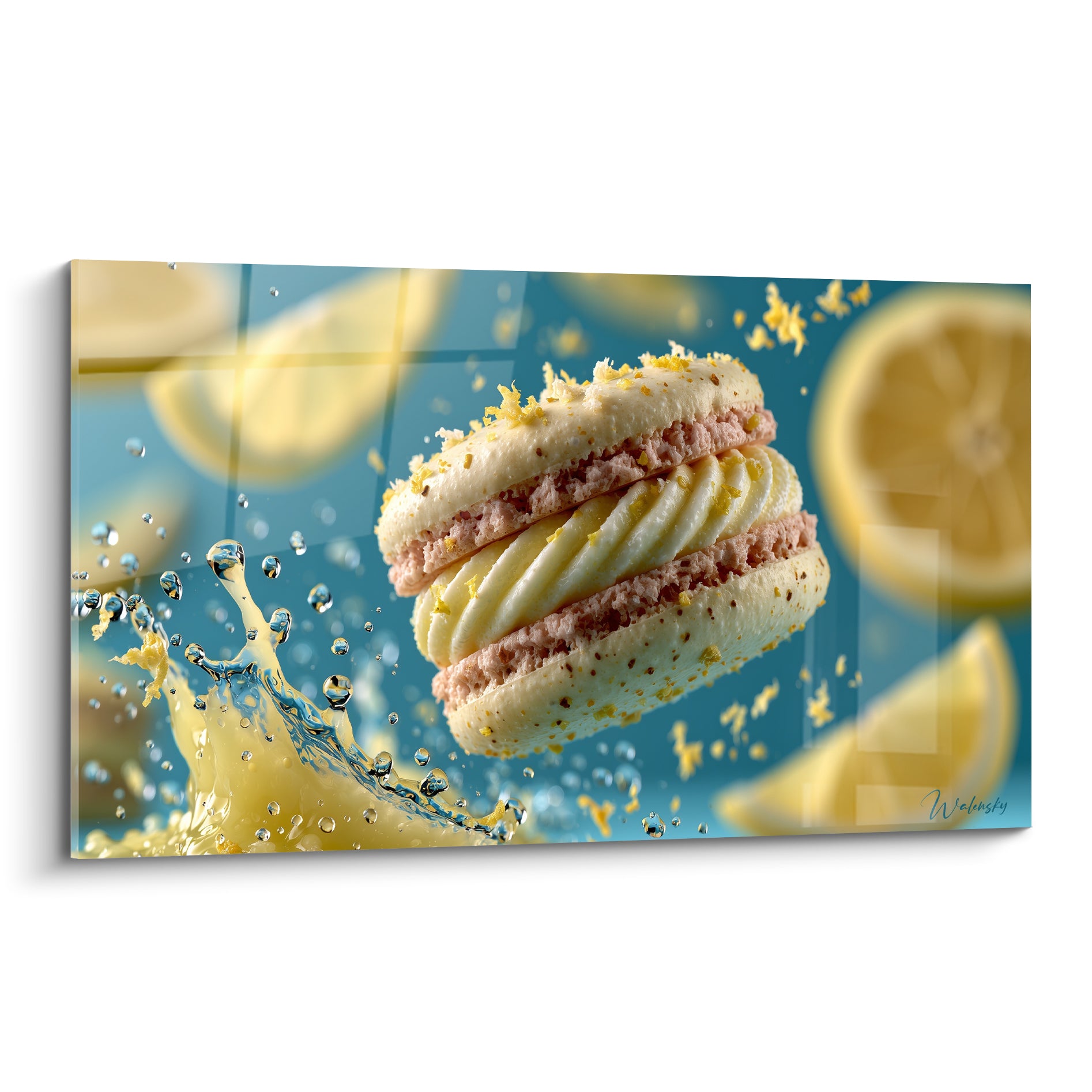 Macaron crème et rose entouré d'éclaboussures de citron jaune sur fond bleu turquoise éclatant