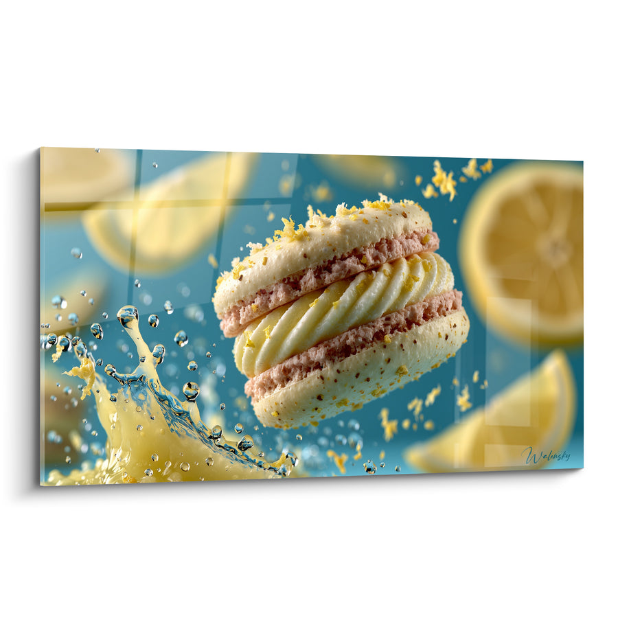 Tableau Macaron ivoire et bleu au citron éclaboussé - Quartiers de citron flottants - Edition Macaron