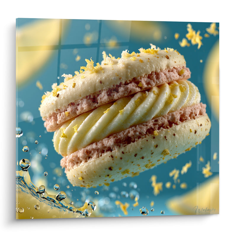 Tableau Macaron ivoire et rose sur fond turquoise - Éclaboussure d'agrume dorée - Edition Macaron