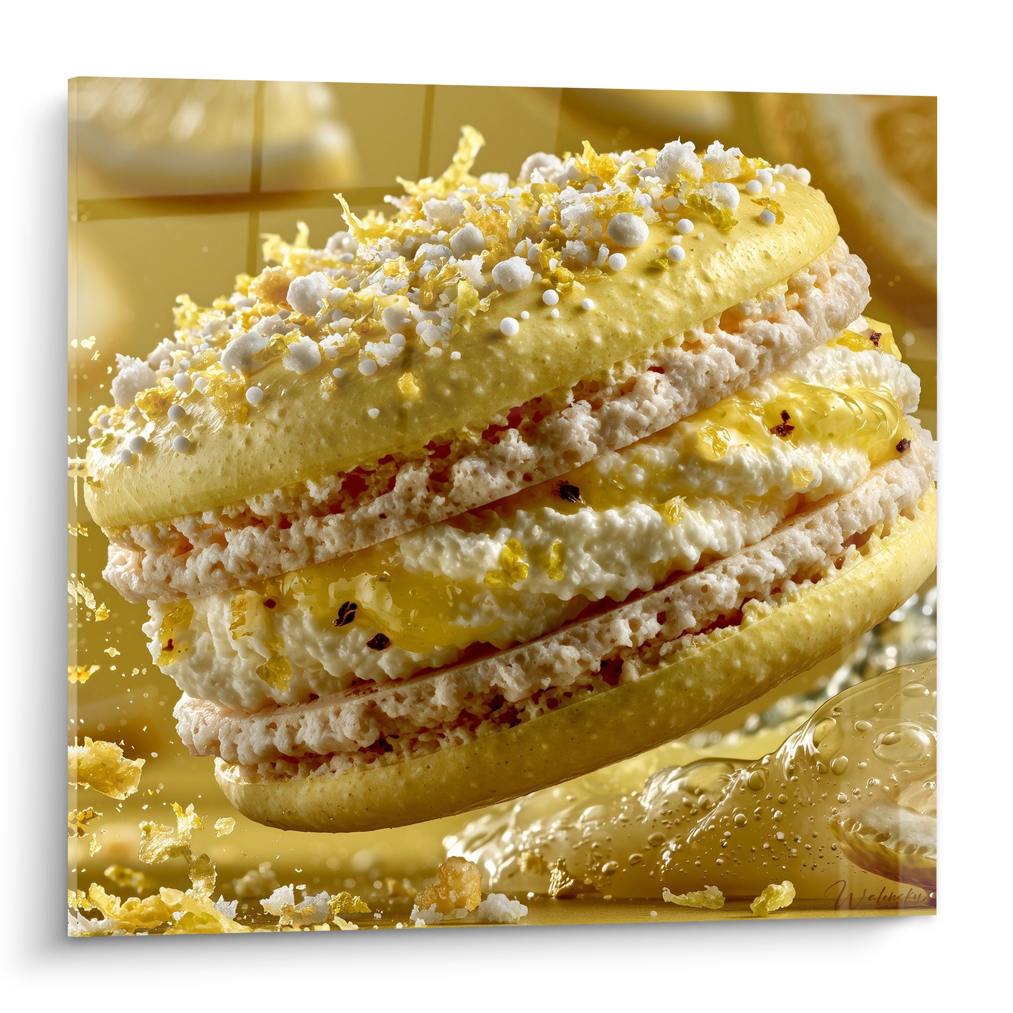 Macaron citron jaune vif et crème blanche, garniture éclatante sur fond ambré