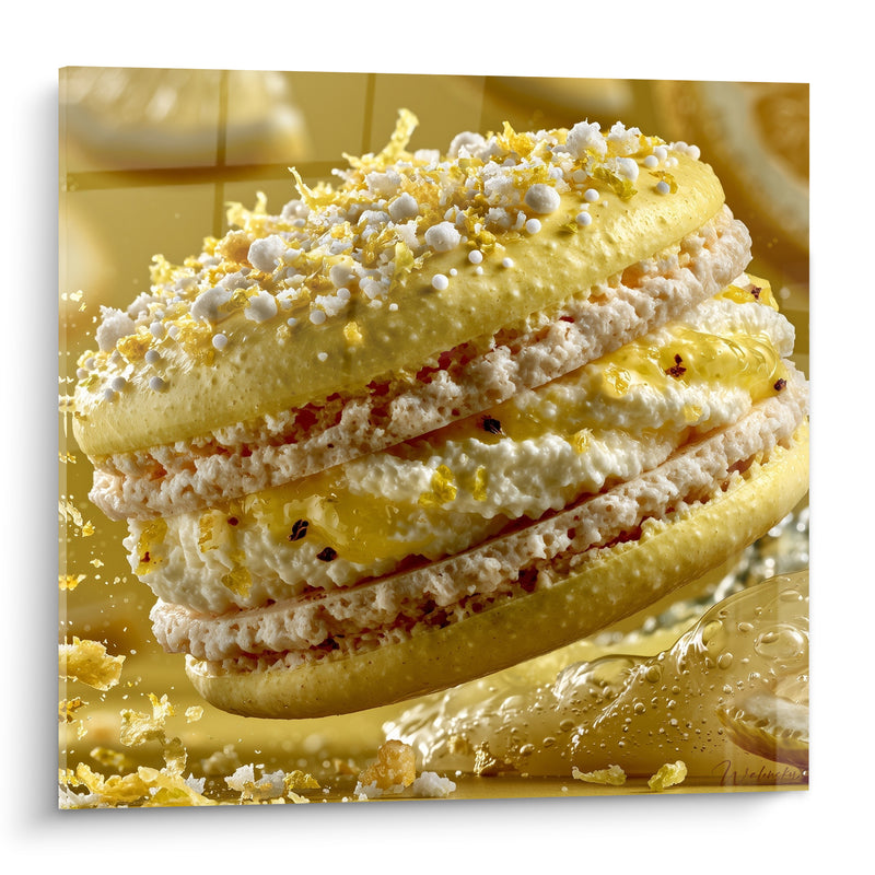 Tableau Macaron jaune et blanc au zeste d'agrume - Éclats de zeste doré - Edition Macaron