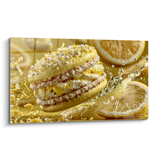 Macaron citron jaune doré avec éclaboussure de jus et zeste croquant en pleine lumière
