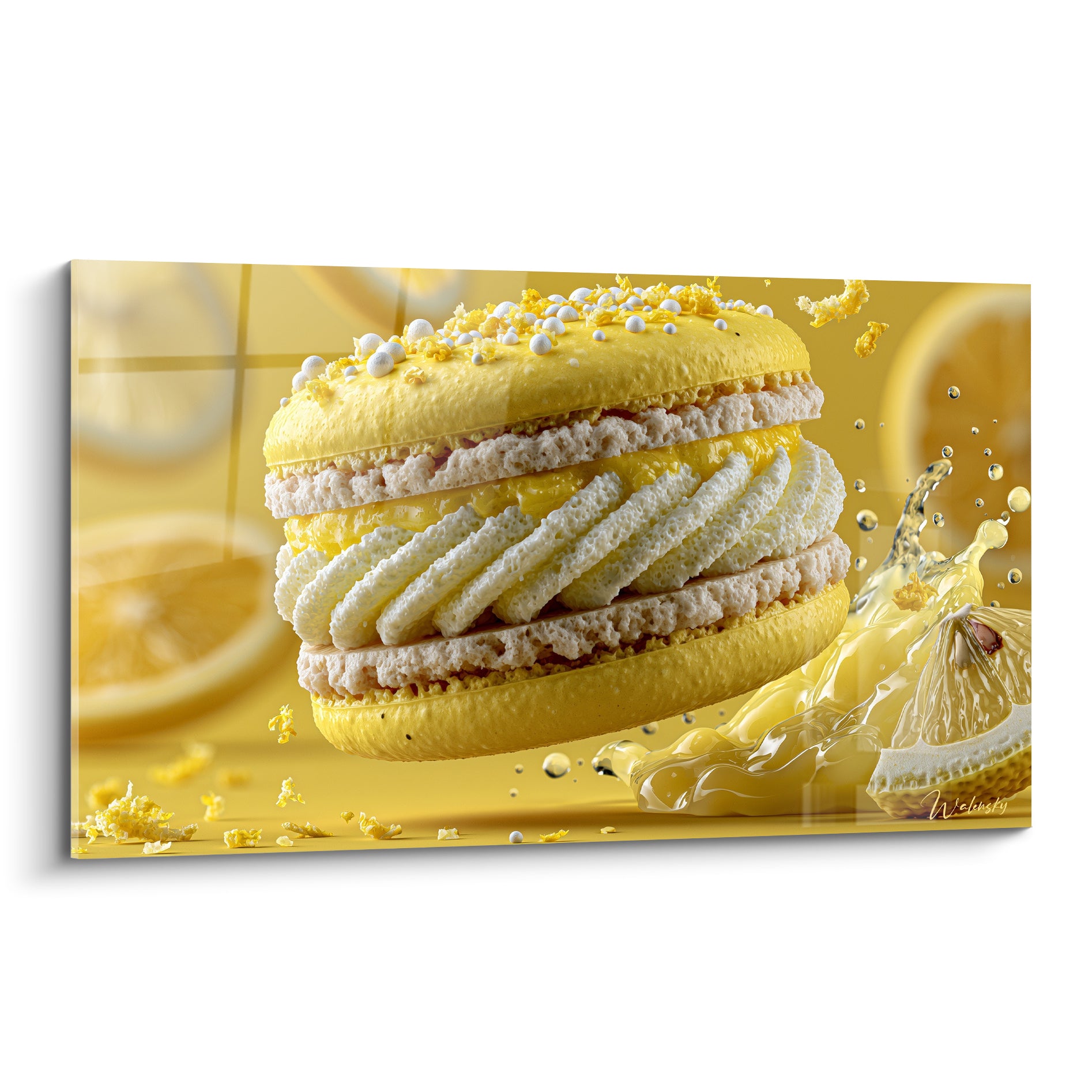 Macaron citron jaune vif avec garniture blanc crème et éclaboussure de jus en suspension