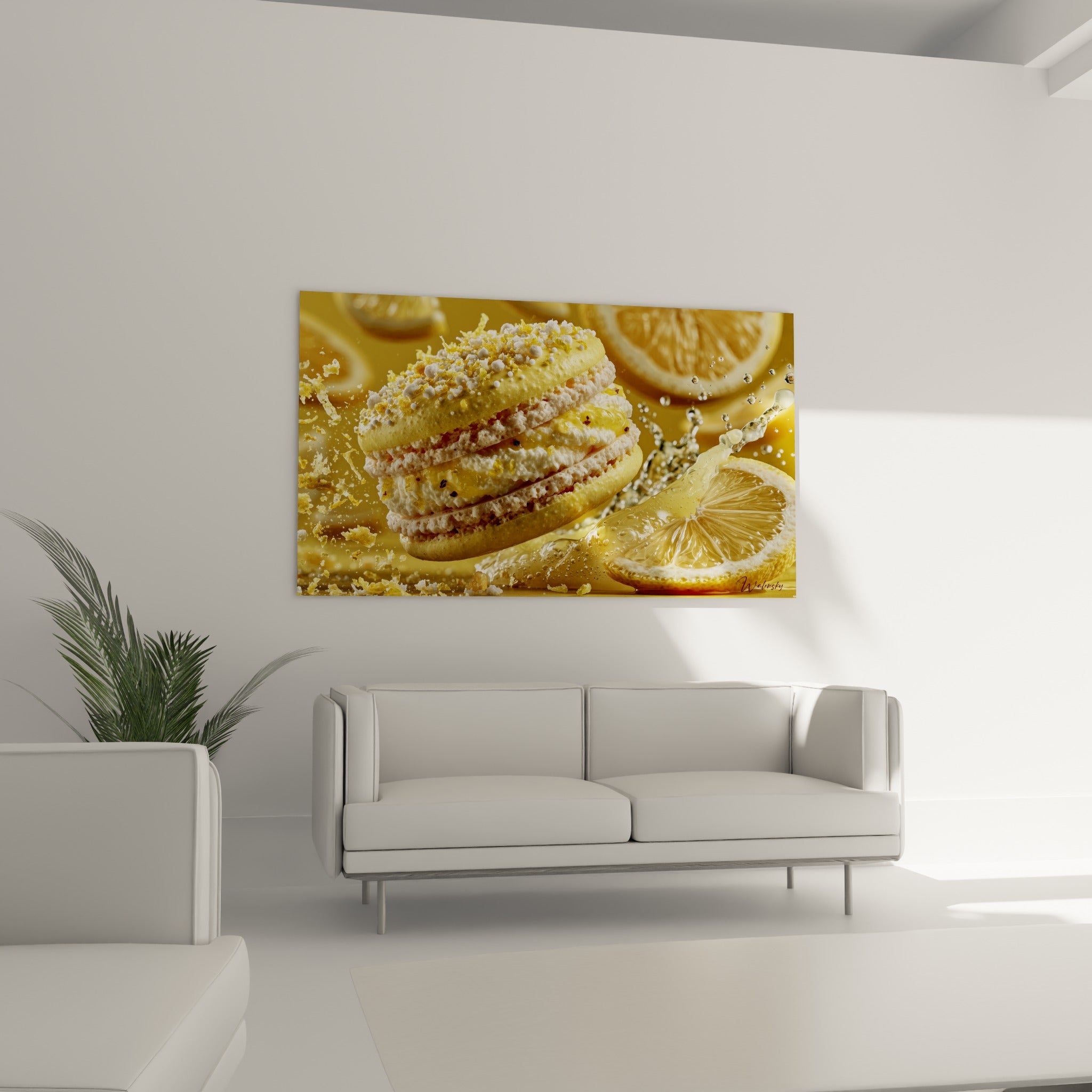 Éclaboussure dorée entourant un macaron citron jaune vif au-dessus d'un canapé dans un salon lumineux