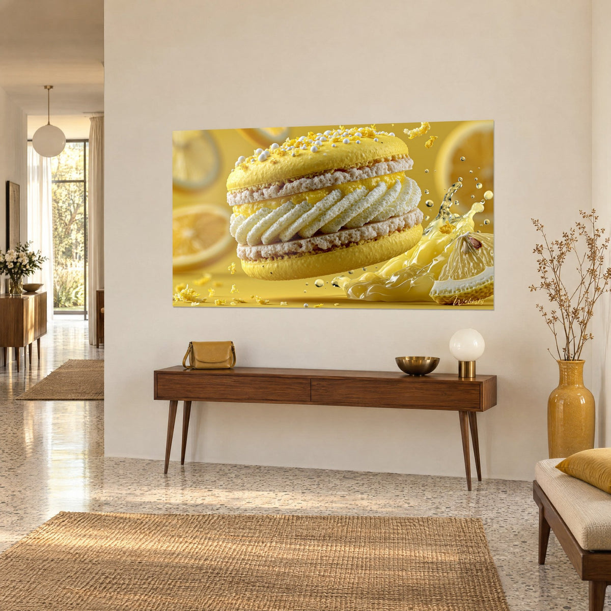 Tableau biscuit pâtissier jaune pâle garni de crème blanche en spirale, perles nacrées, zeste, sur un mur crème d'un couloir clair