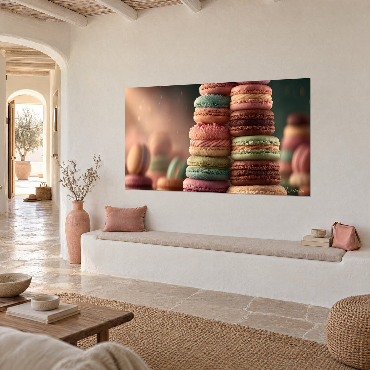 Tableau empilement pâtissier de coques brunes et vertes, crème beige, bokeh rosé, mur blanc d'une maison méditerranéenne