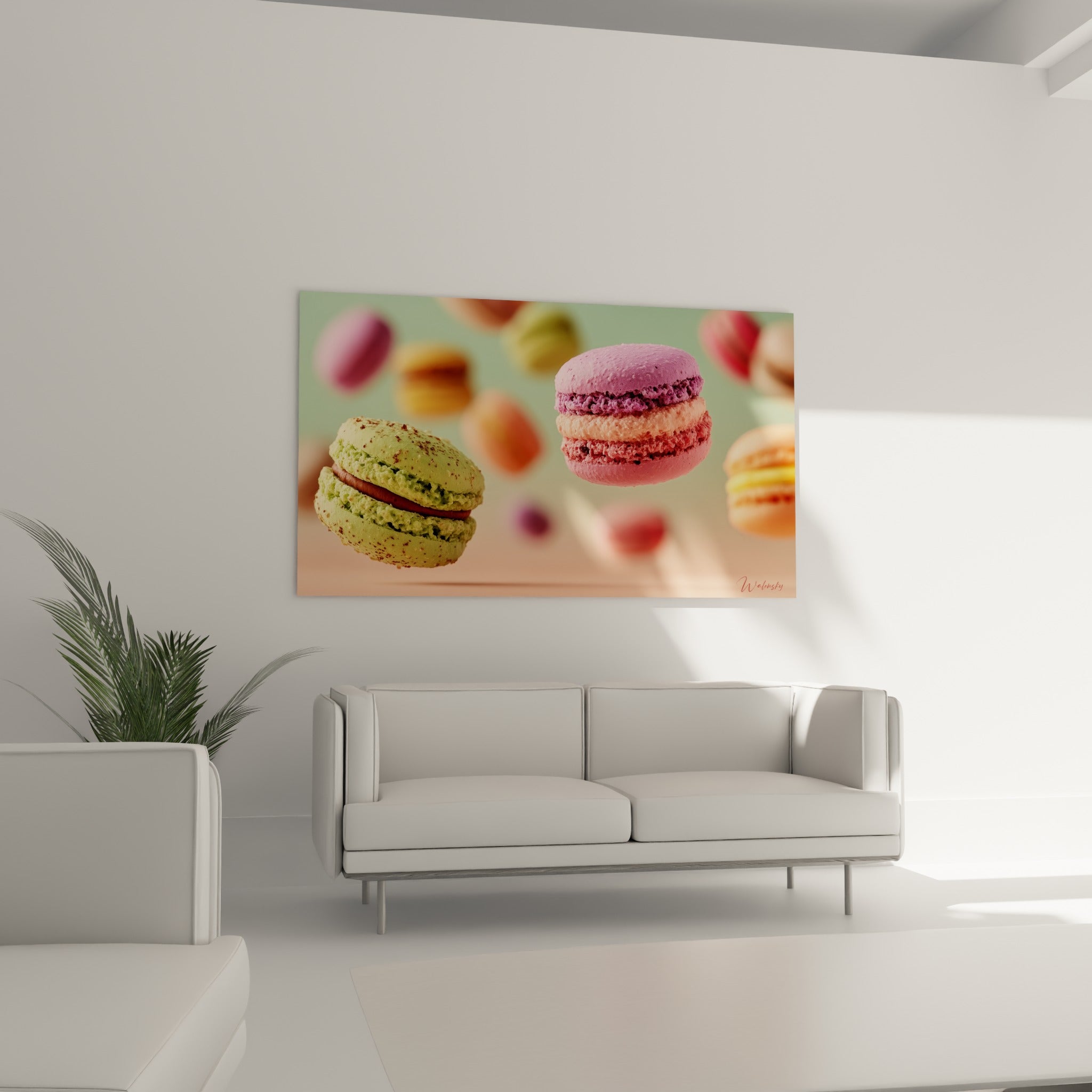 Macarons colorés vert amande et prune flottant au-dessus d'un canapé dans un salon lumineux