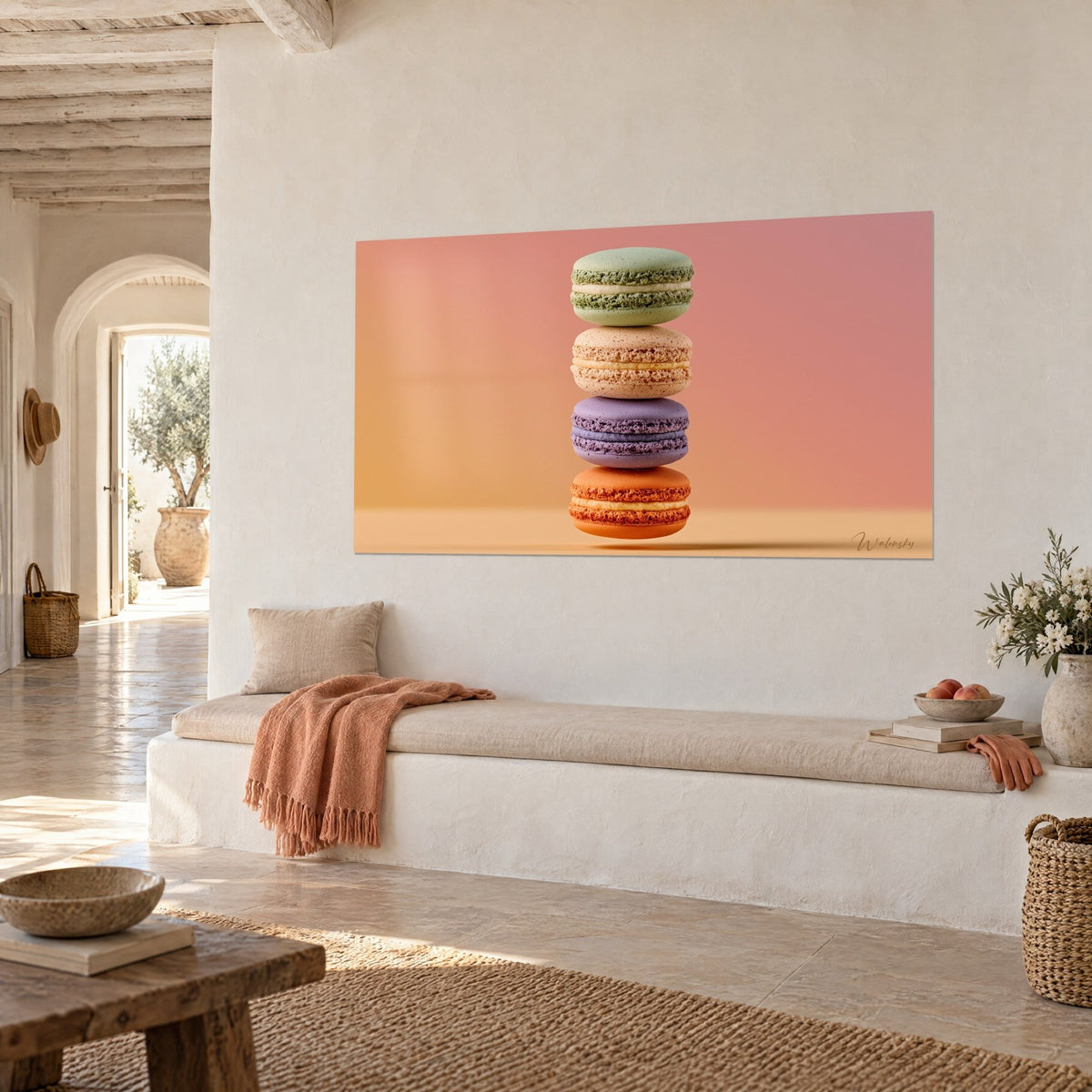 Tableau colonne de biscuits gourmands pastel, vert amande et orange vif, sur fond corail et ocre, accroché au mur d'une banquette blanche