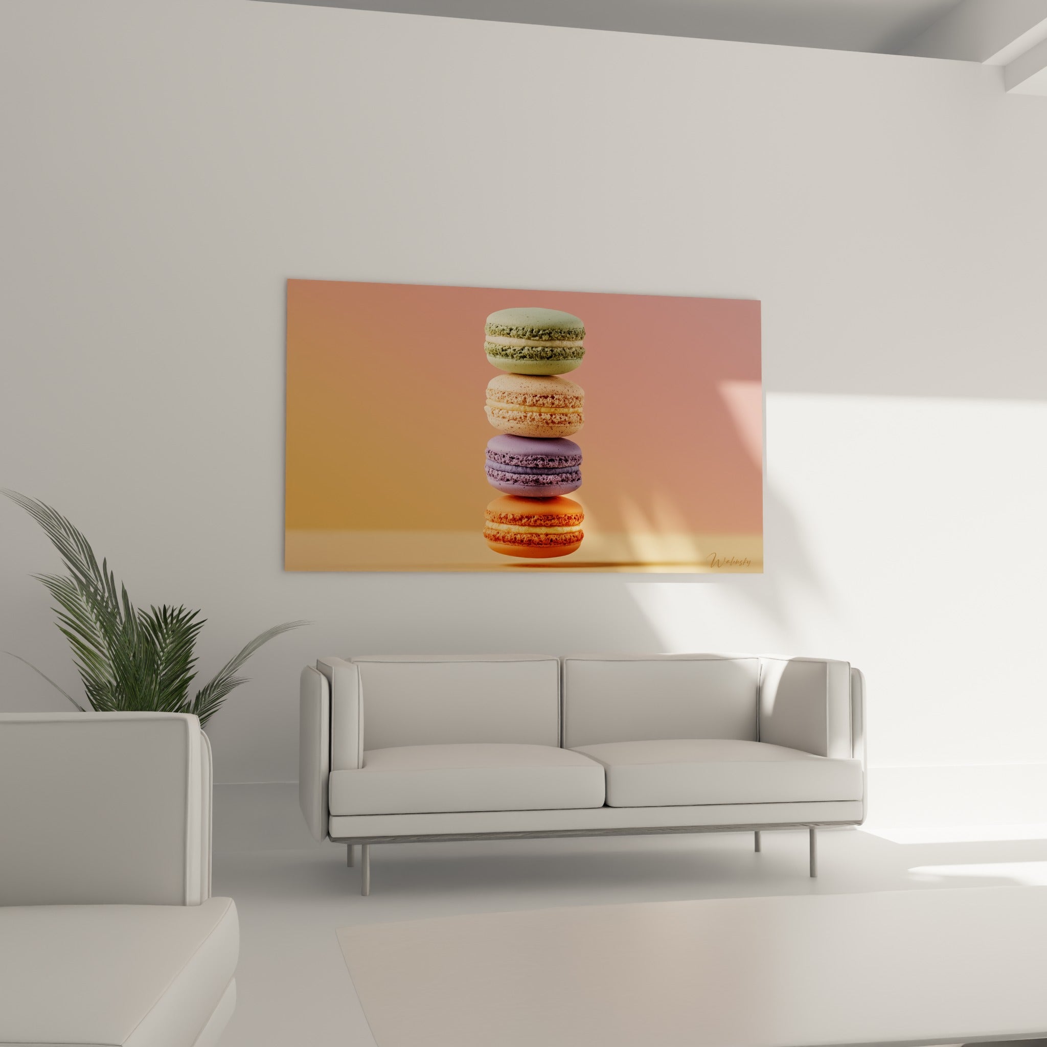 Quatre macarons colorés orange et violet suspendus au-dessus d'un canapé dans un salon lumineux