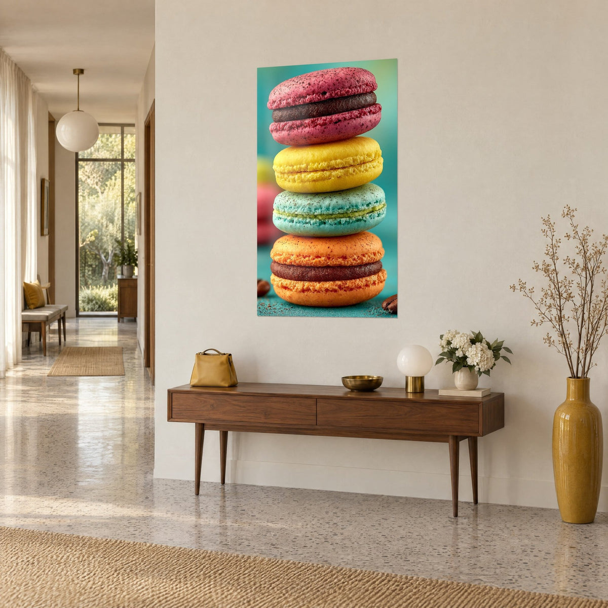 Tableau tour de pâtisseries gourmandes rose fuchsia, jaune vif et orangé, accrochée sur un mur crème, vue de trois-quarts