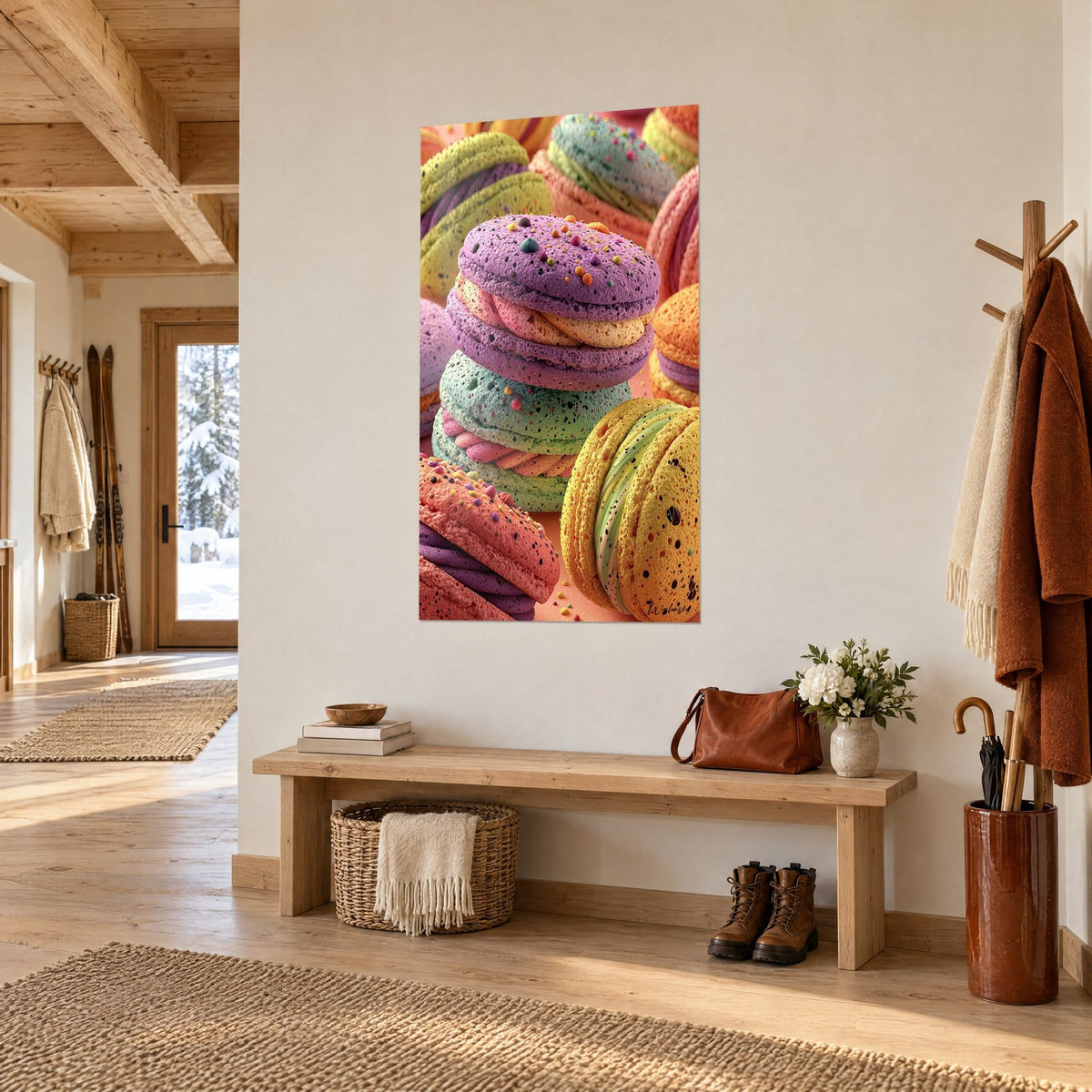 Cuadro con galletas gourmet apiladas en lila, menta y coral, salpicadas de pepitas de chocolate, sobre una pared crema junto a un banco de madera de chalet