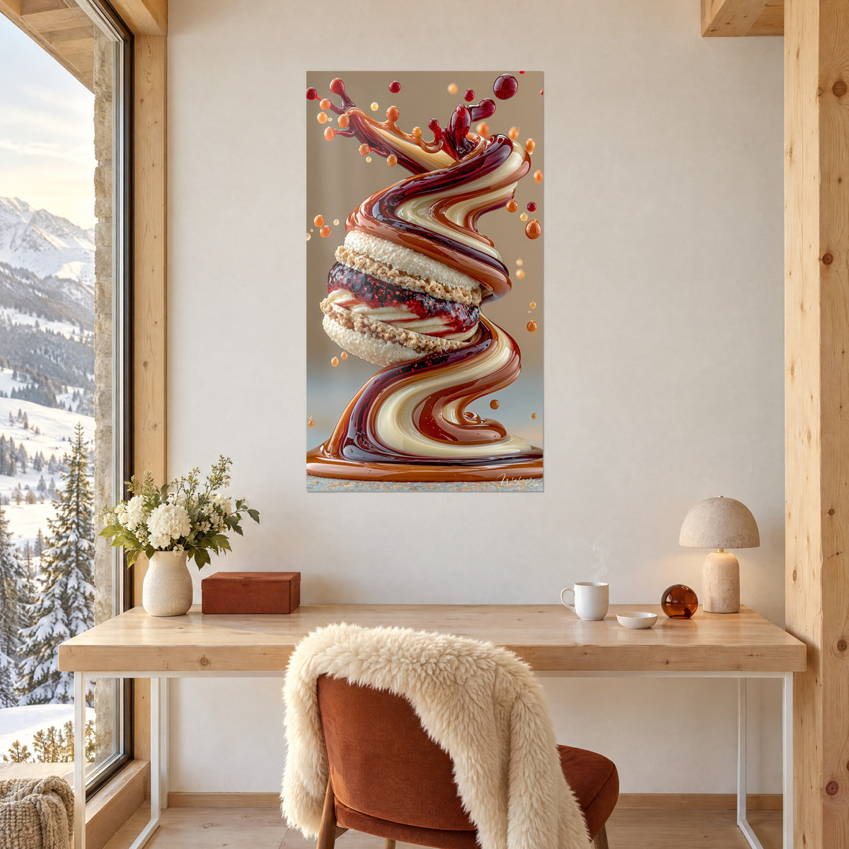 Quadro spirale dolce granata e caramello, perle ambrate sospese, appeso sopra una scrivania in legno chiaro