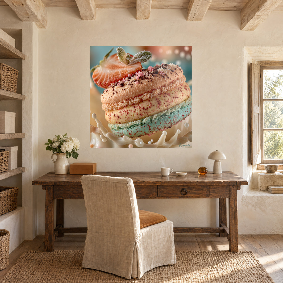 Quadro macaron gigante con scaglie di cioccolato, fragola arancio e sfondo azzurro con bokeh rosato, appeso sopra una scrivania in legno grezzo