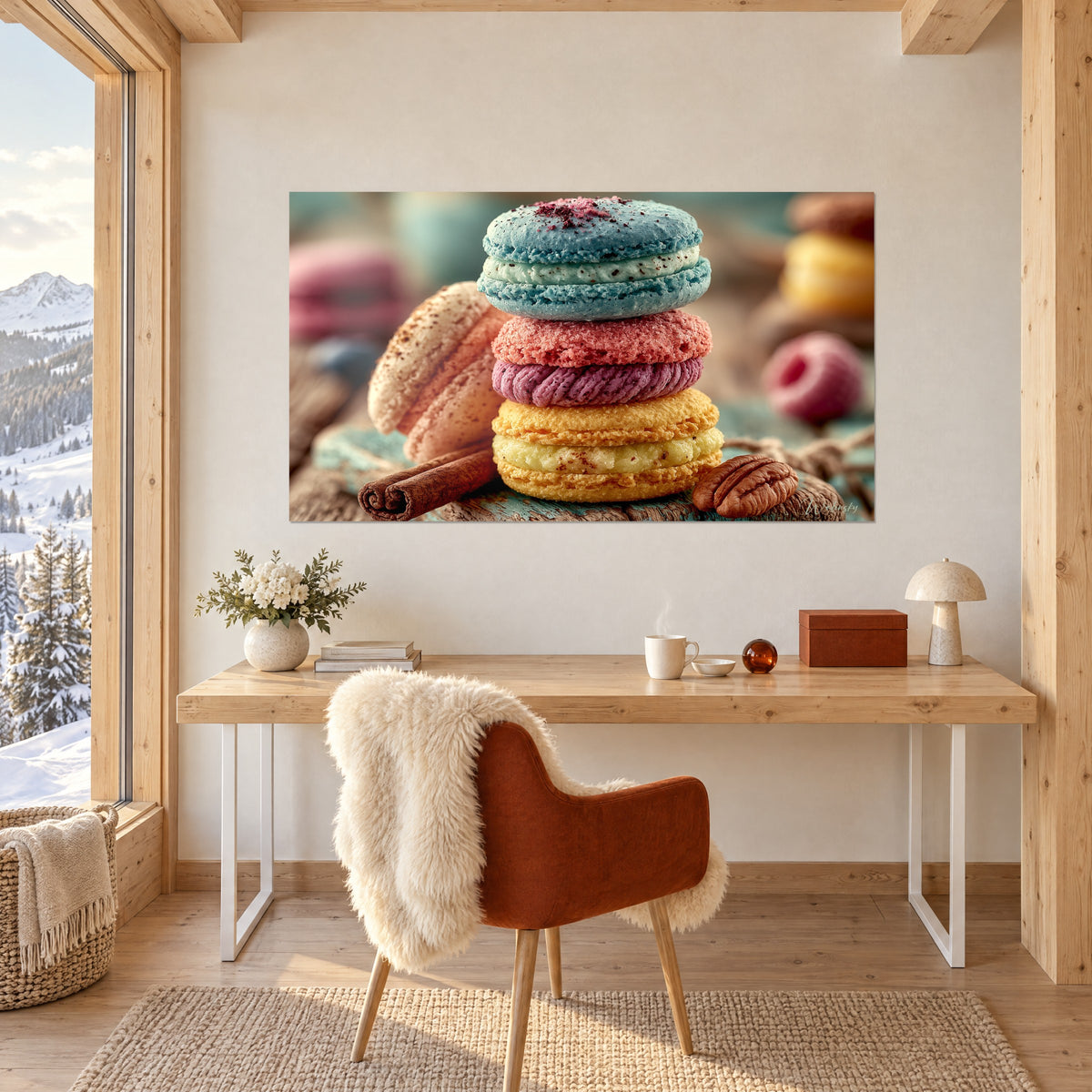 Wall art of balanced pastry delights, pistachio cream between blue shells, raspberry bits and pecan nuts, facing a light wood desk