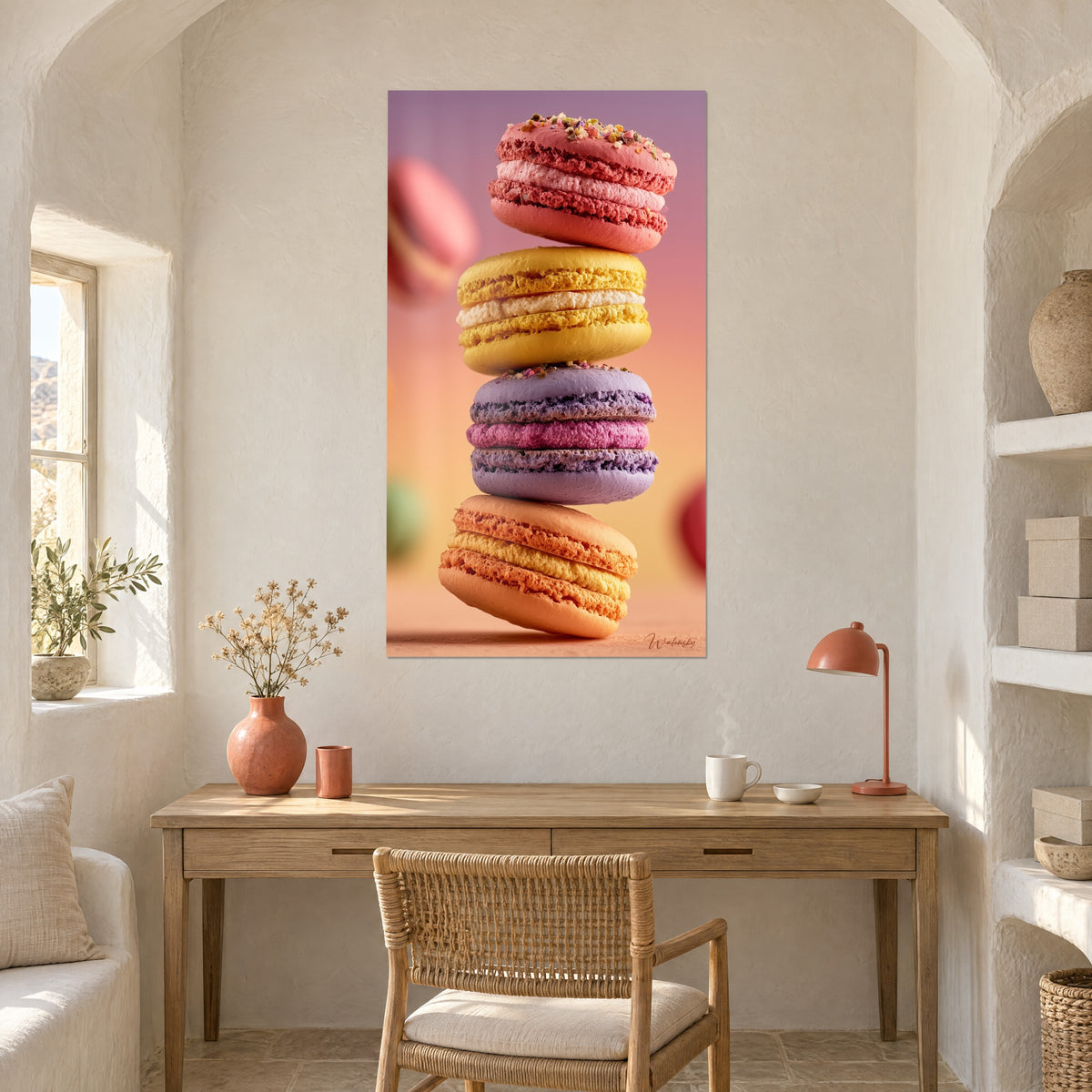 Wall art delicate French treats in balance, vanilla cream heart, purple and orange gradient background, above a light wood desk