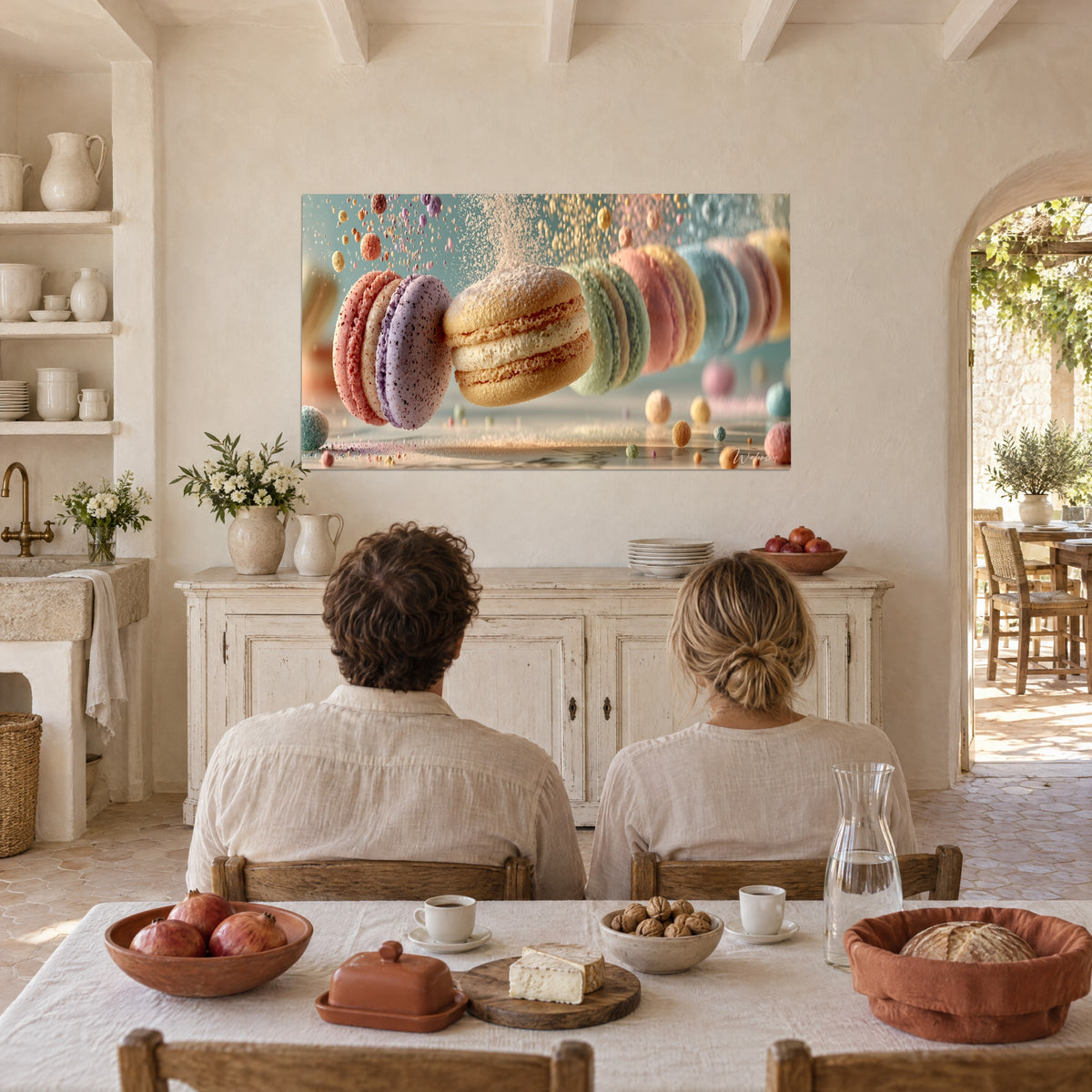 Wall art of macarons in flight on a blue-green background, speckled mauve and gold shells, pastel pearls, couple seen from behind in front of their dining table