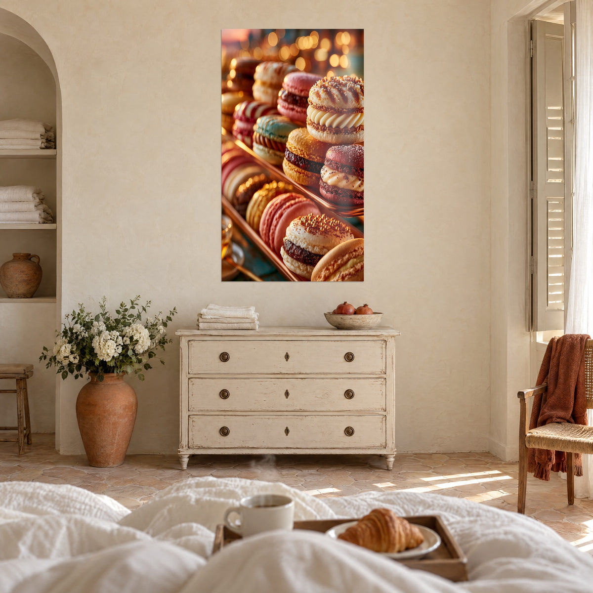 Πίνακας με τυρκουάζ, ροζ και ώχρα κελύφη μακαρόν σε χάλκινο δίσκο, δύο χρυσές θολούρες, πάνω από κρεβάτι σε φωτεινή κρεβατοκάμαρα