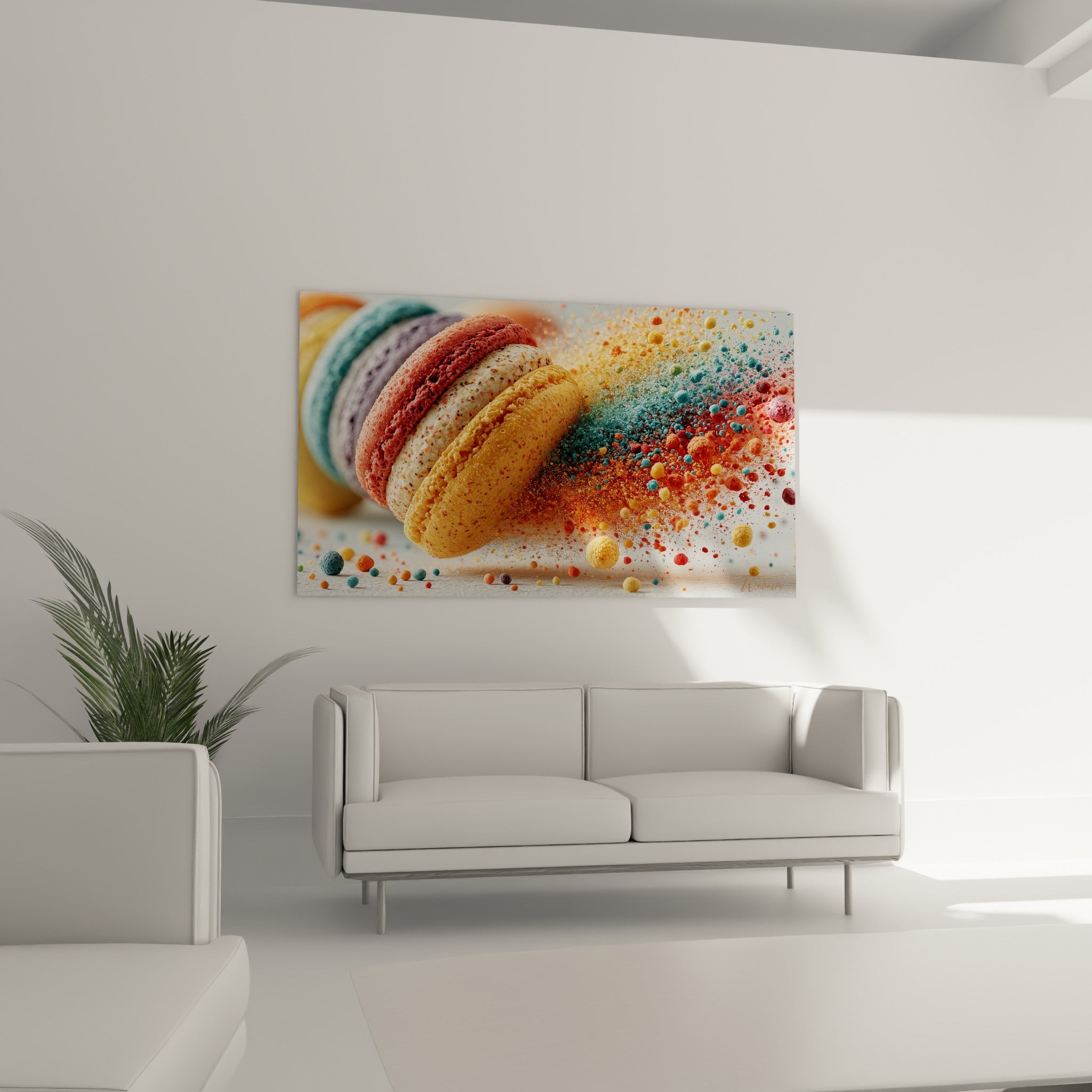 Poudre colorée jaillissant d'un macaron doré au-dessus d'un canapé dans un salon lumineux