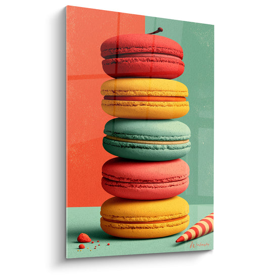 Macarons rouge cerise, jaune moutarde et vert menthe empilés sur fond corail et vert sauge