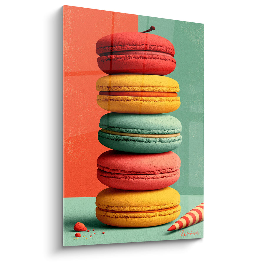 Tableau Macaron rouge et jaune surmonté d'une queue - Poche à douille rayée - Edition Macaron