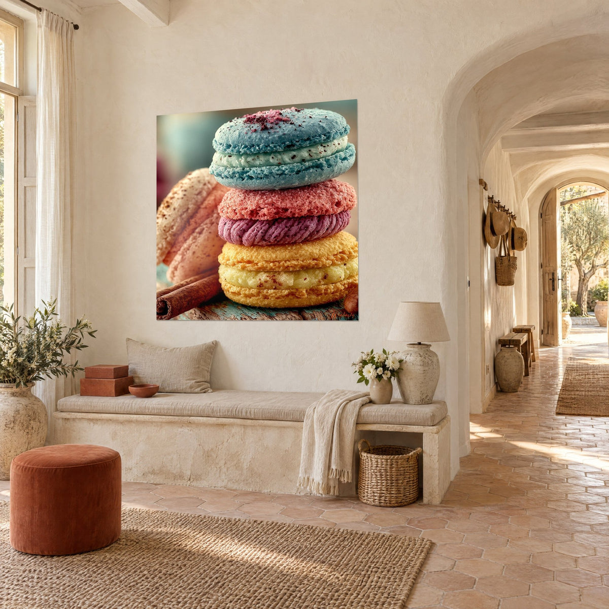 Tableau gourmandises à la noix de coco empilées, coques turquoise et pêche, crème pistache, accrochées dans un couloir voûté du mas