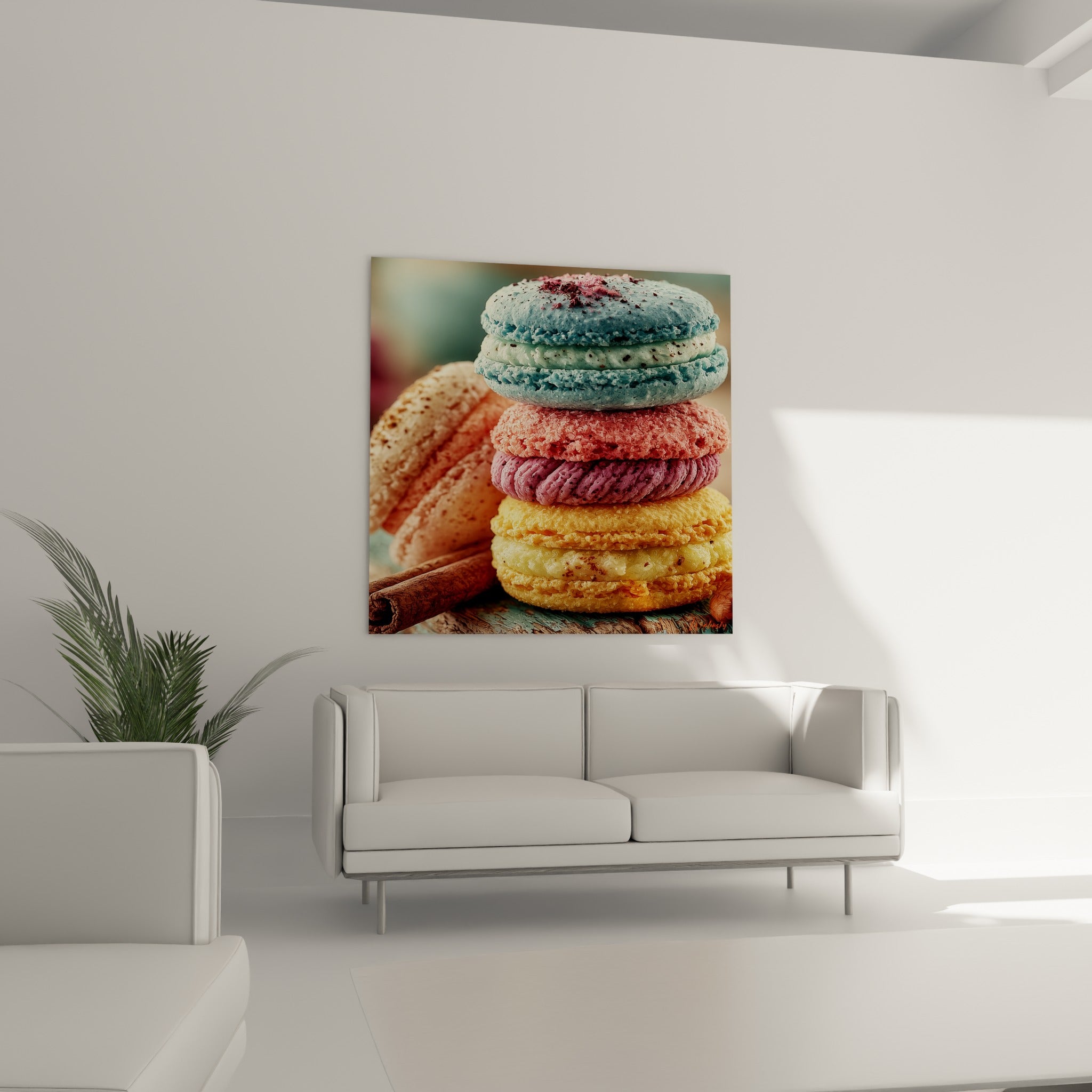 Macarons corail et violet empilés surmontés d'éclats sucrés, au-dessus d'un canapé dans un salon lumineux
