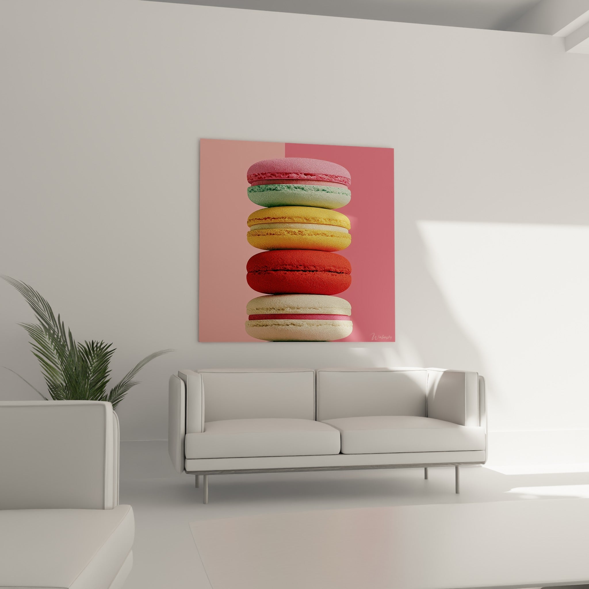 Coques de macarons pastel et rouge profond, au-dessus d'un canapé dans un salon lumineux