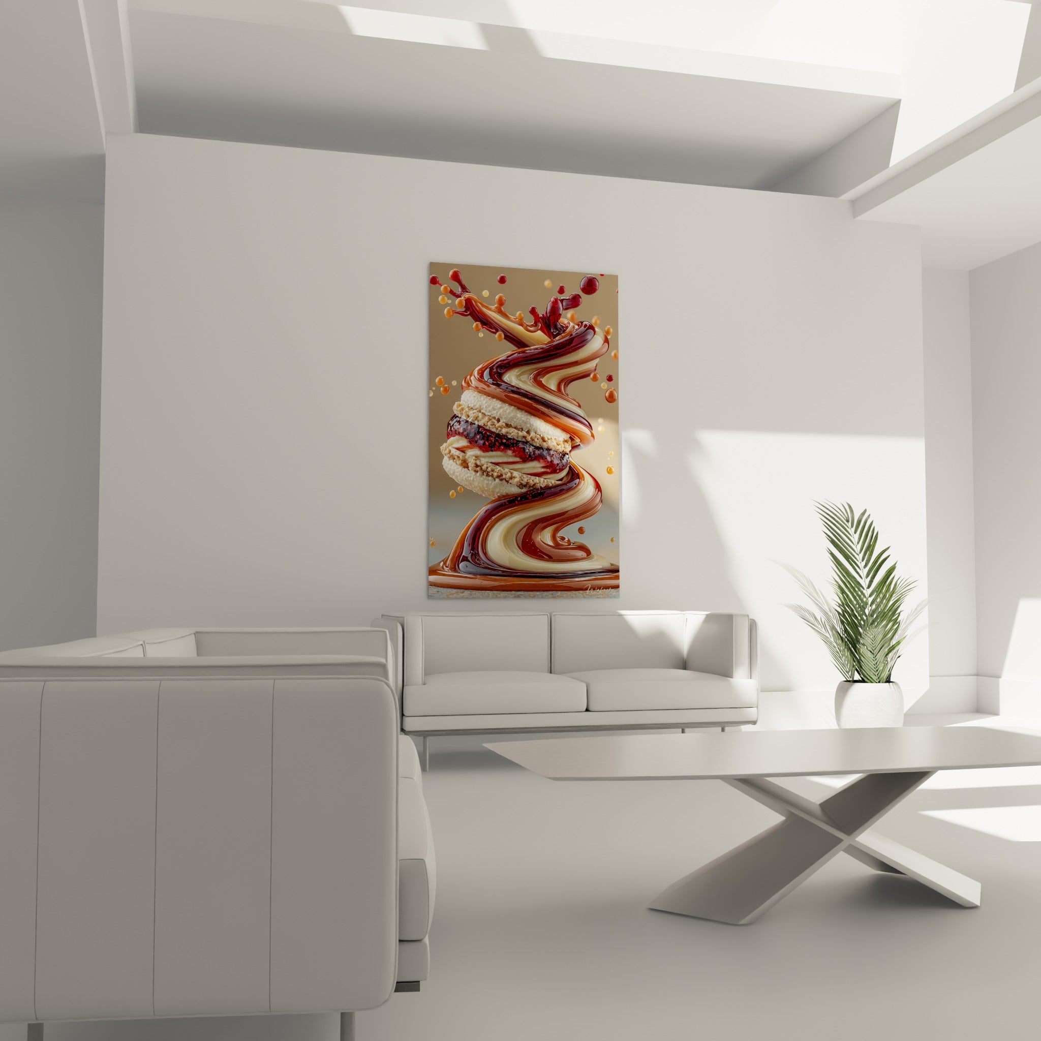 Spirale gourmande beige et bordeaux illuminant un mur au-dessus d'un canapé dans un salon lumineux