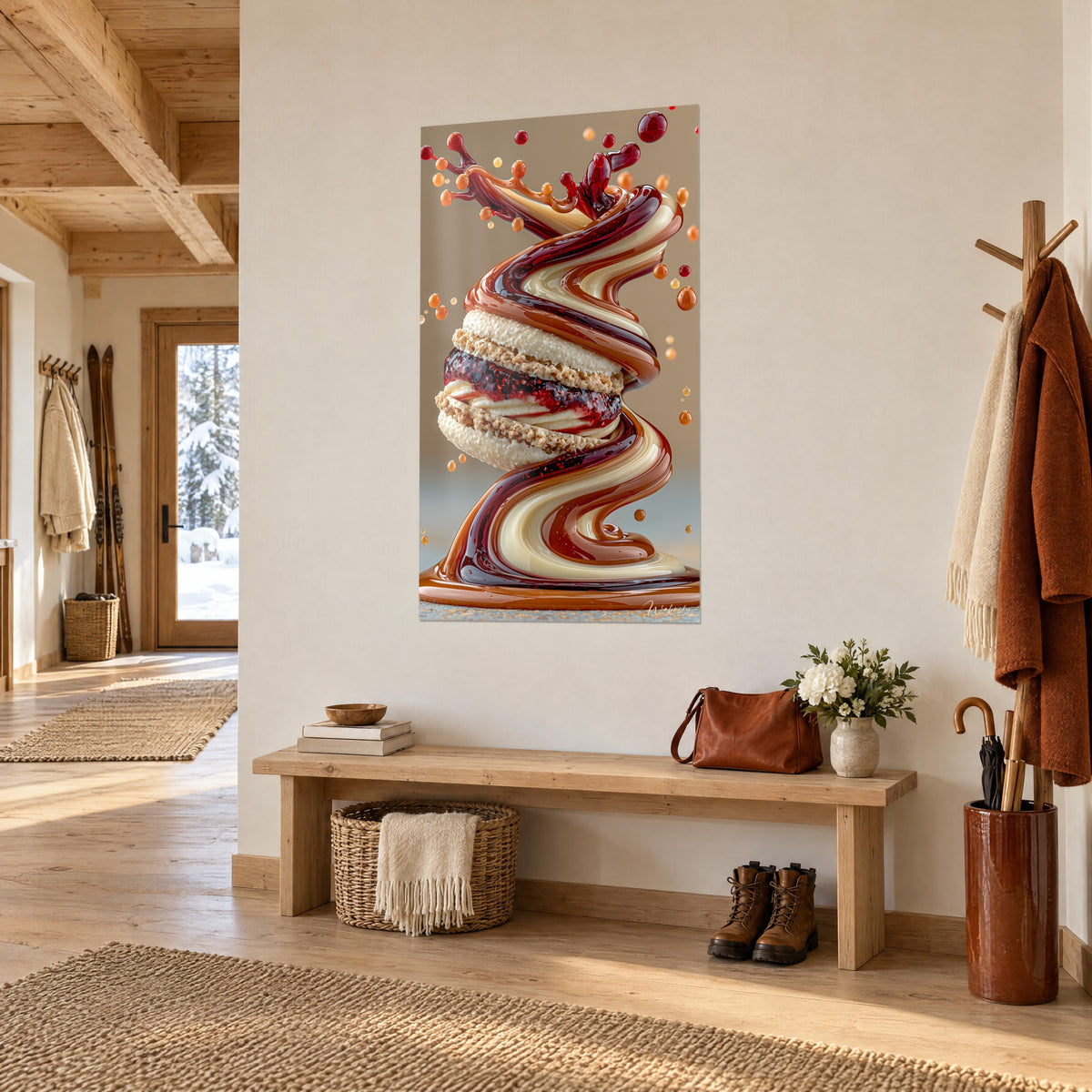 Quadro pasticceria vorticosa ricoperta di caramello ambrato e crema avorio, vista di tre quarti in un ingresso in legno