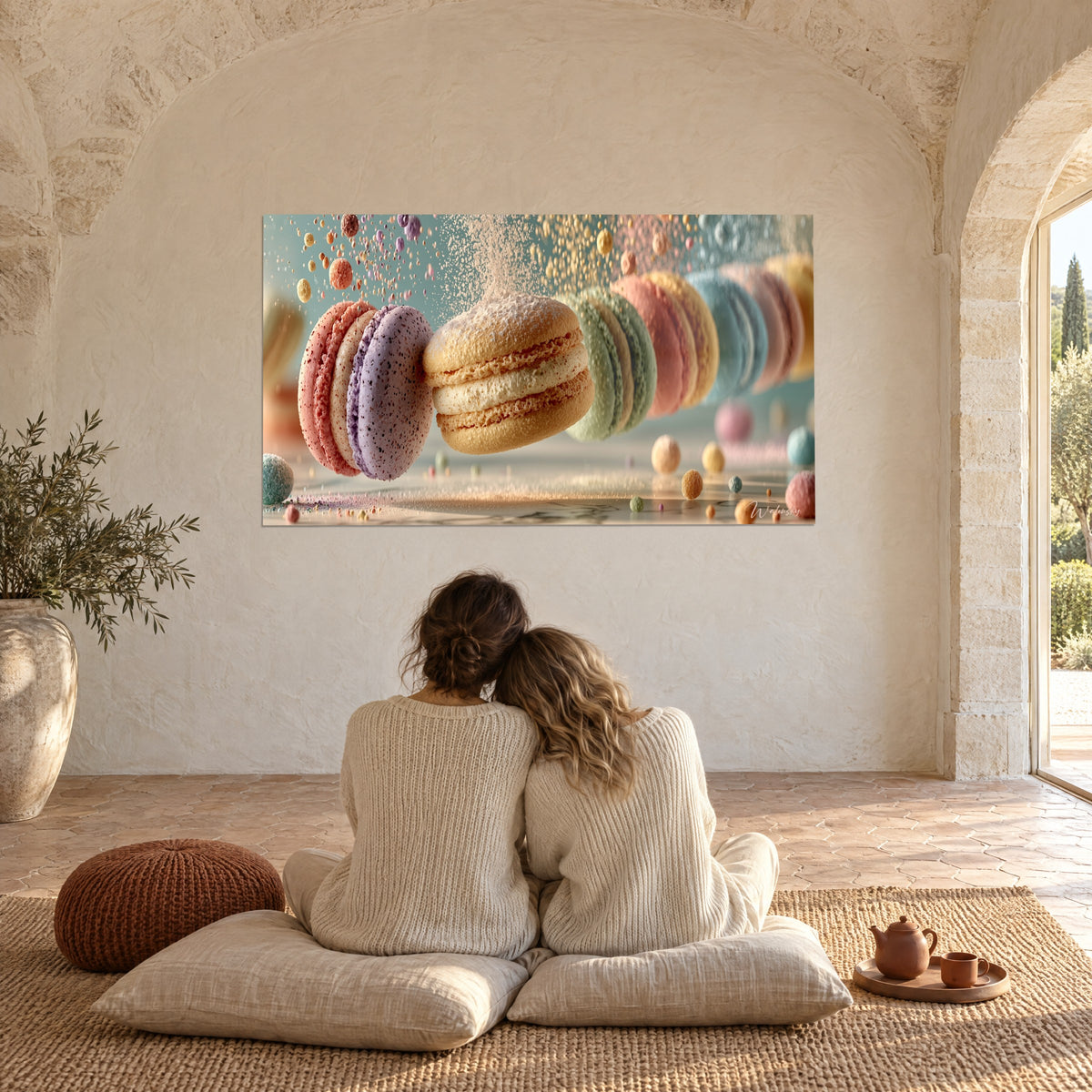 Wall art of levitating sweet indulgence, speckled mauve shell and golden macaron, cloud of sugar, couple embracing on cushions in a farmhouse