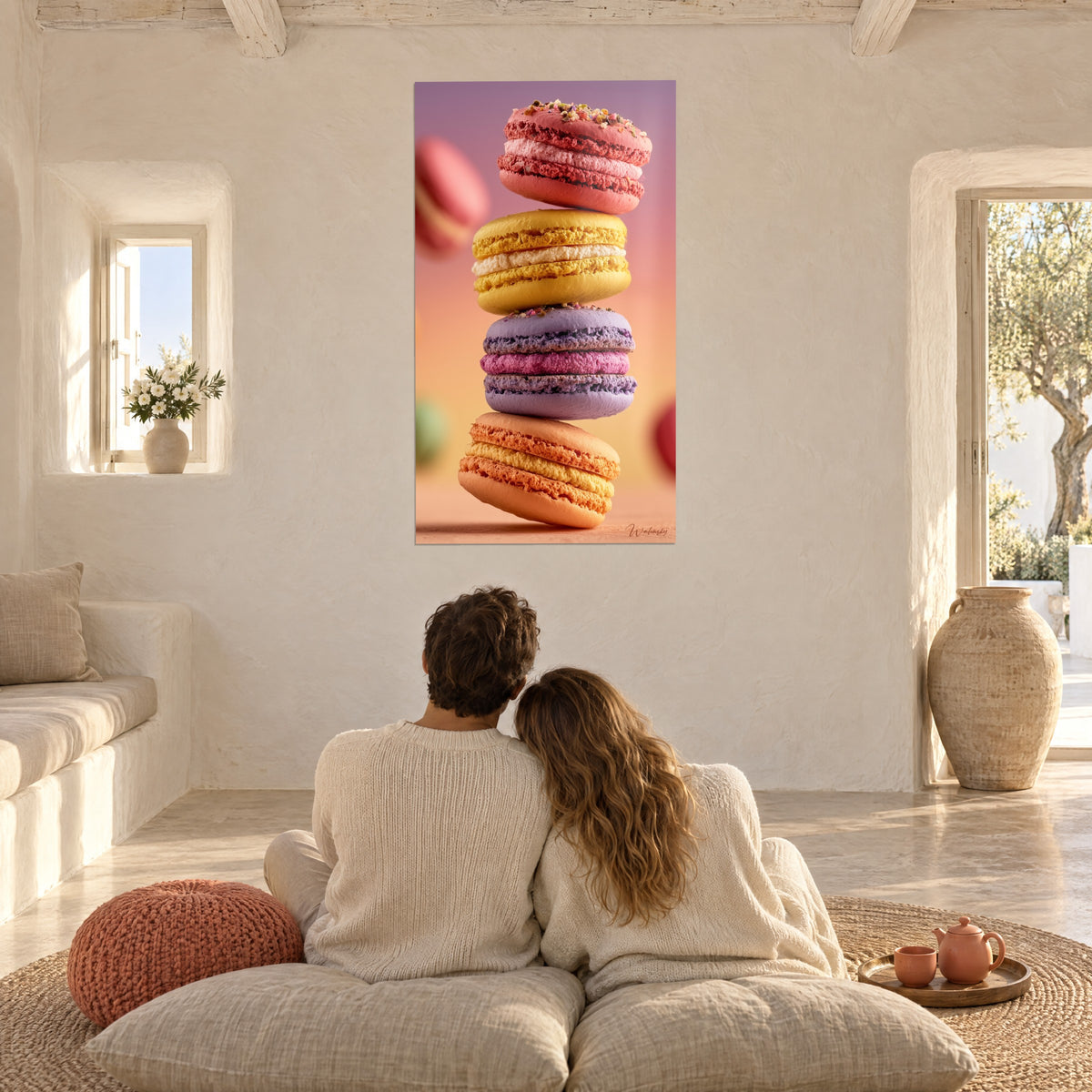 Wall art levitating macarons, coral, lemon, lavender and orange shells, a couple seen from behind seated on cushions in a white living room