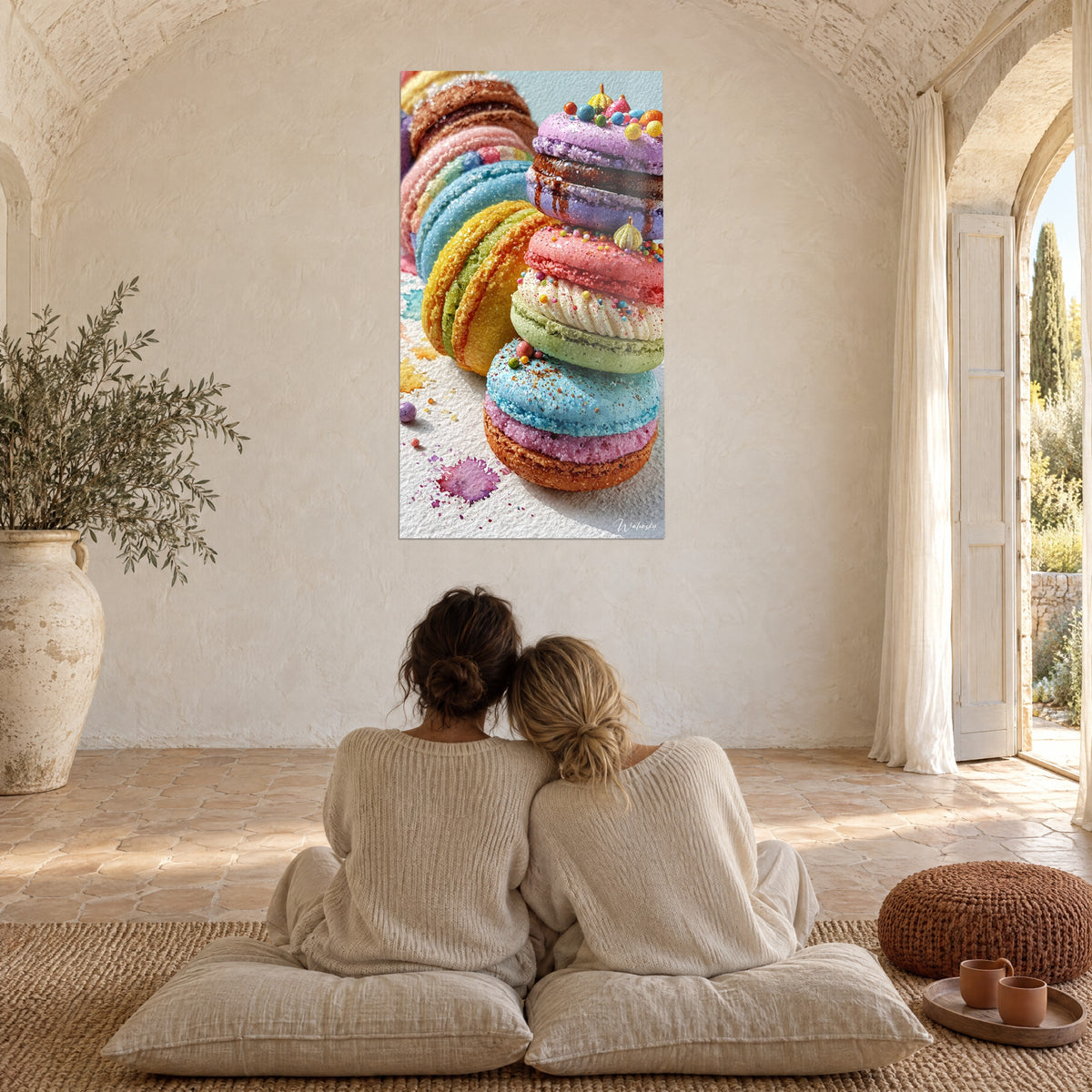 Cuadro de macarons gigantes verde anís y coral, perlas de azúcar y puntas doradas, dos personas de espaldas en un mas