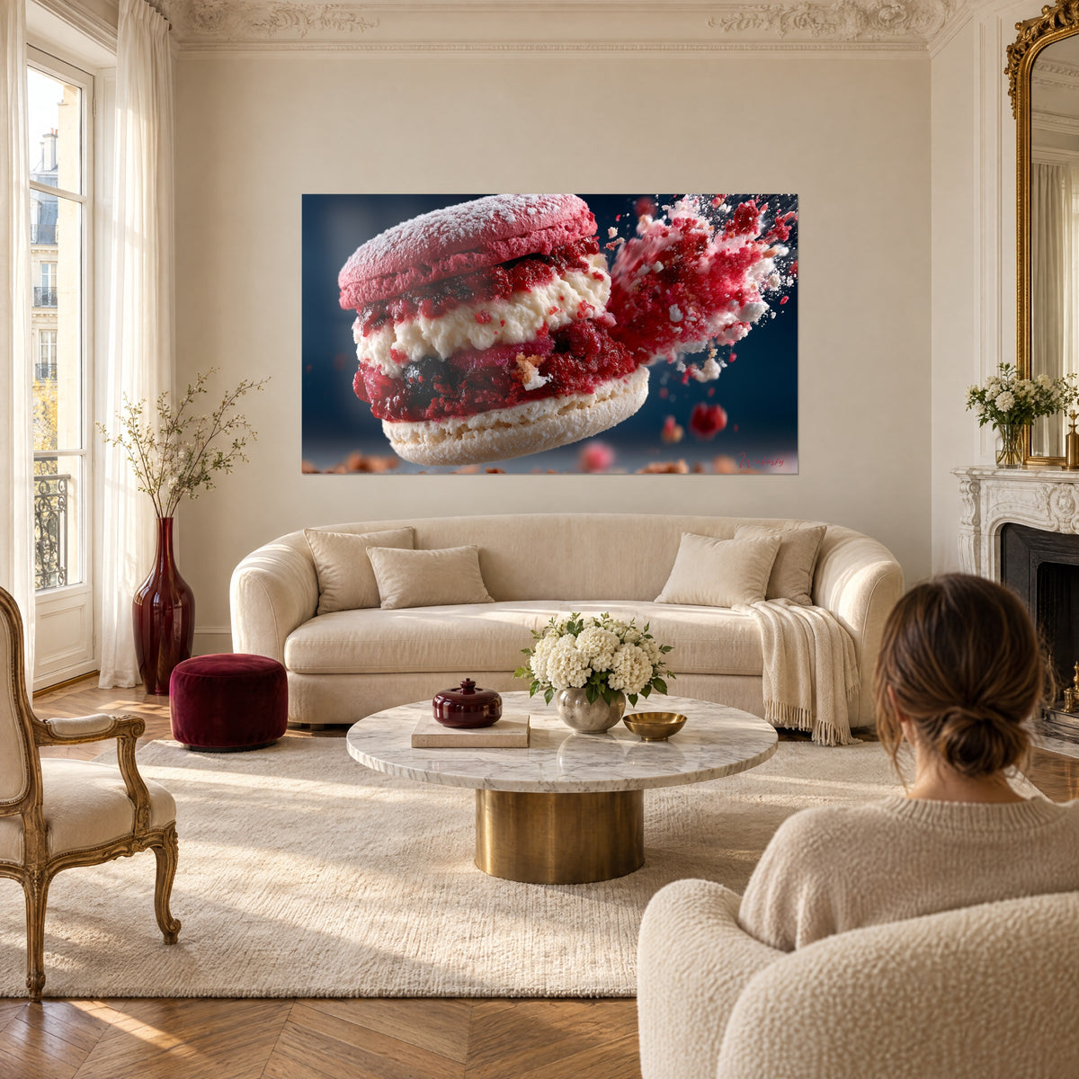 Cuadro macarón reventado de frambuesa, cáscara rosa fucsia y crema marfil, encima de un sofá en un salón luminoso
