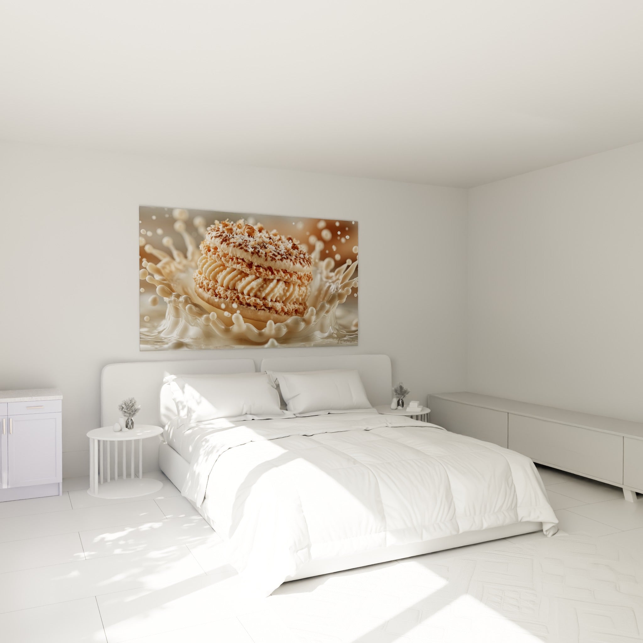 Macaron caramel et crème laiteuse accroché au-dessus d'un lit dans une chambre claire