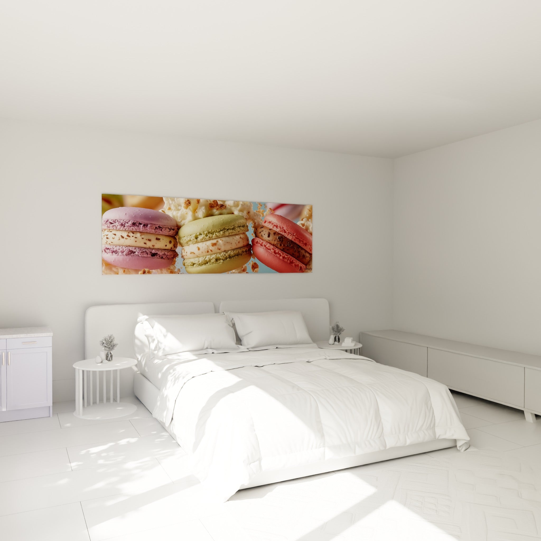 Macarons roses et verts en gros plan gourmand au-dessus d'un lit dans une chambre claire