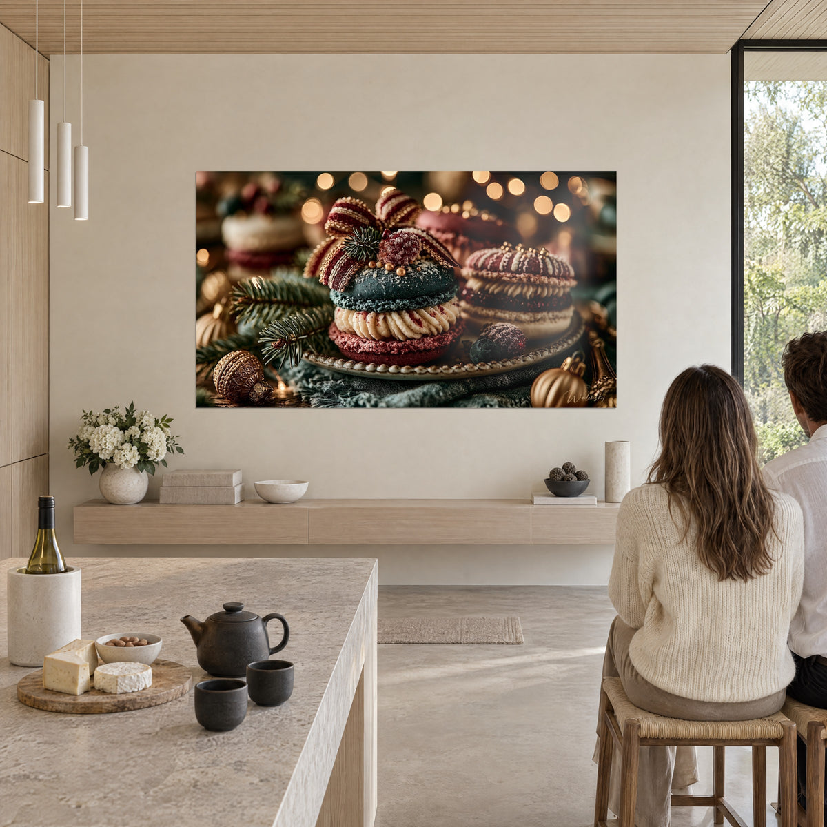 Quadro gusci di macarons viola e blu petrolio, crema avorio, mirtillo glassato, ghirlanda dorata, appeso in una cucina a vista