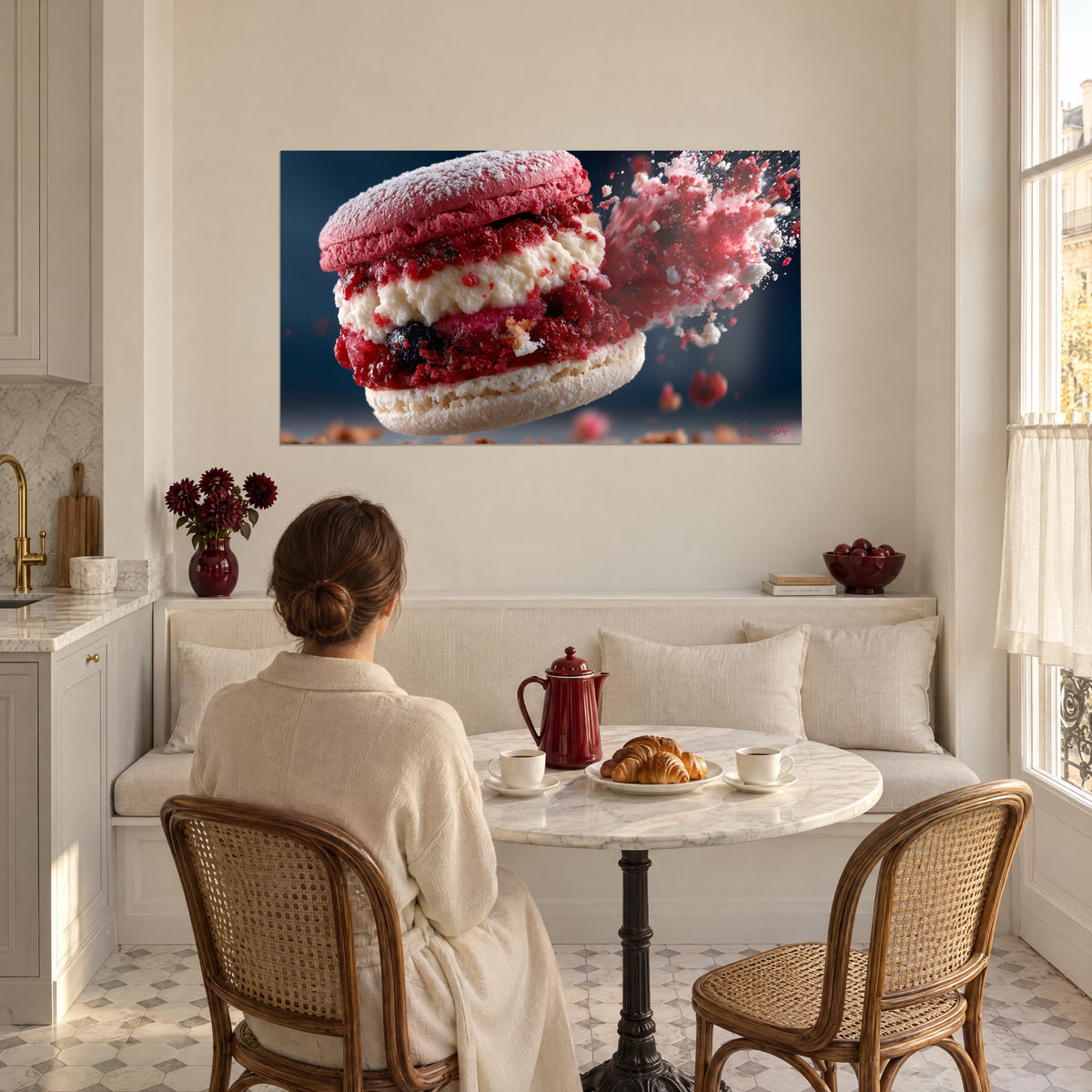 Cuadro explosión de mora y crema blanca, cáscara rosa empolvado, frente a una mesa redonda con tetera roja y un croissant