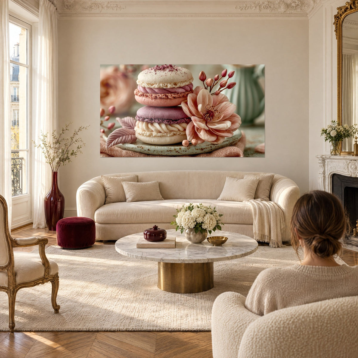 Tableau macarons ivoire et mauve près d'une fleur rose poudré, au-dessus d'un canapé dans un salon lumineux