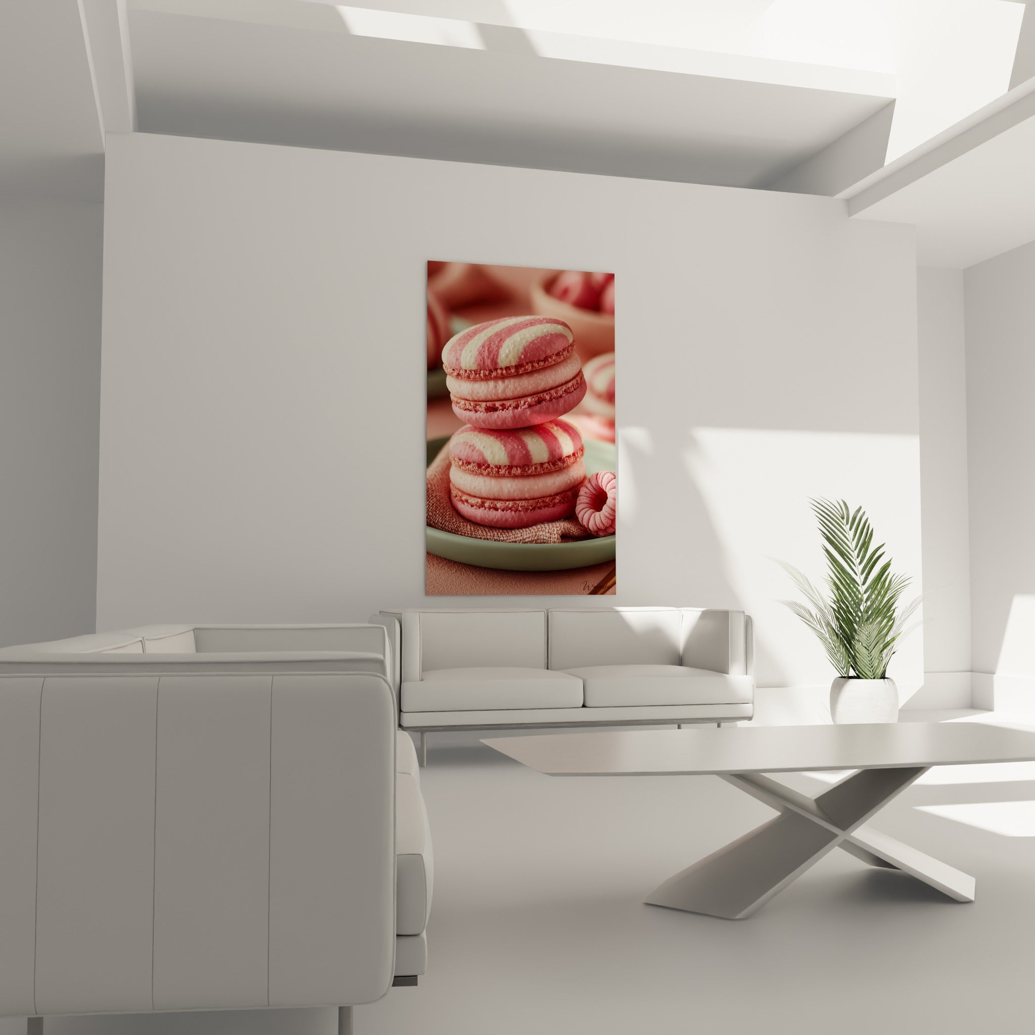Pâtisserie rose et blanche empilée avec fourrage crémeux, au-dessus d'un canapé dans un salon lumineux