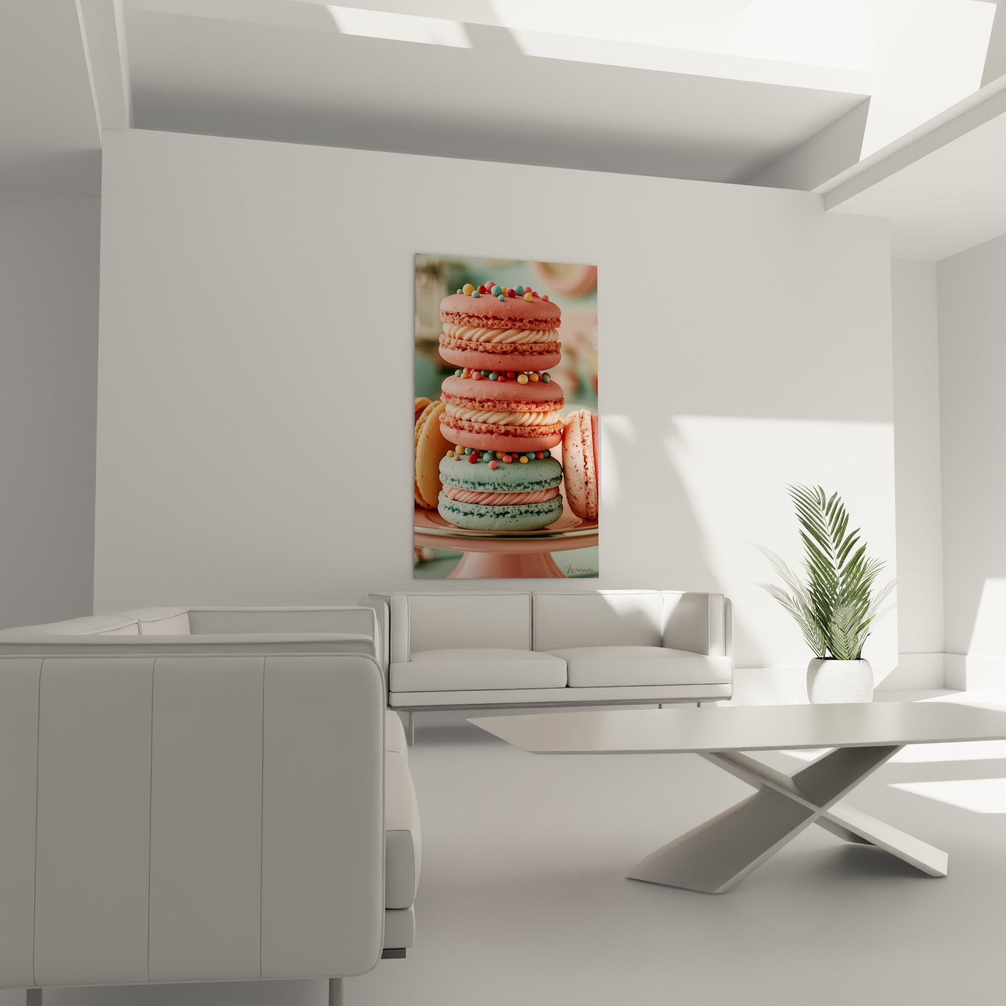 Macarons roses et menthe garnis de crème onctueuse, exposés au-dessus d'un canapé dans un salon lumineux