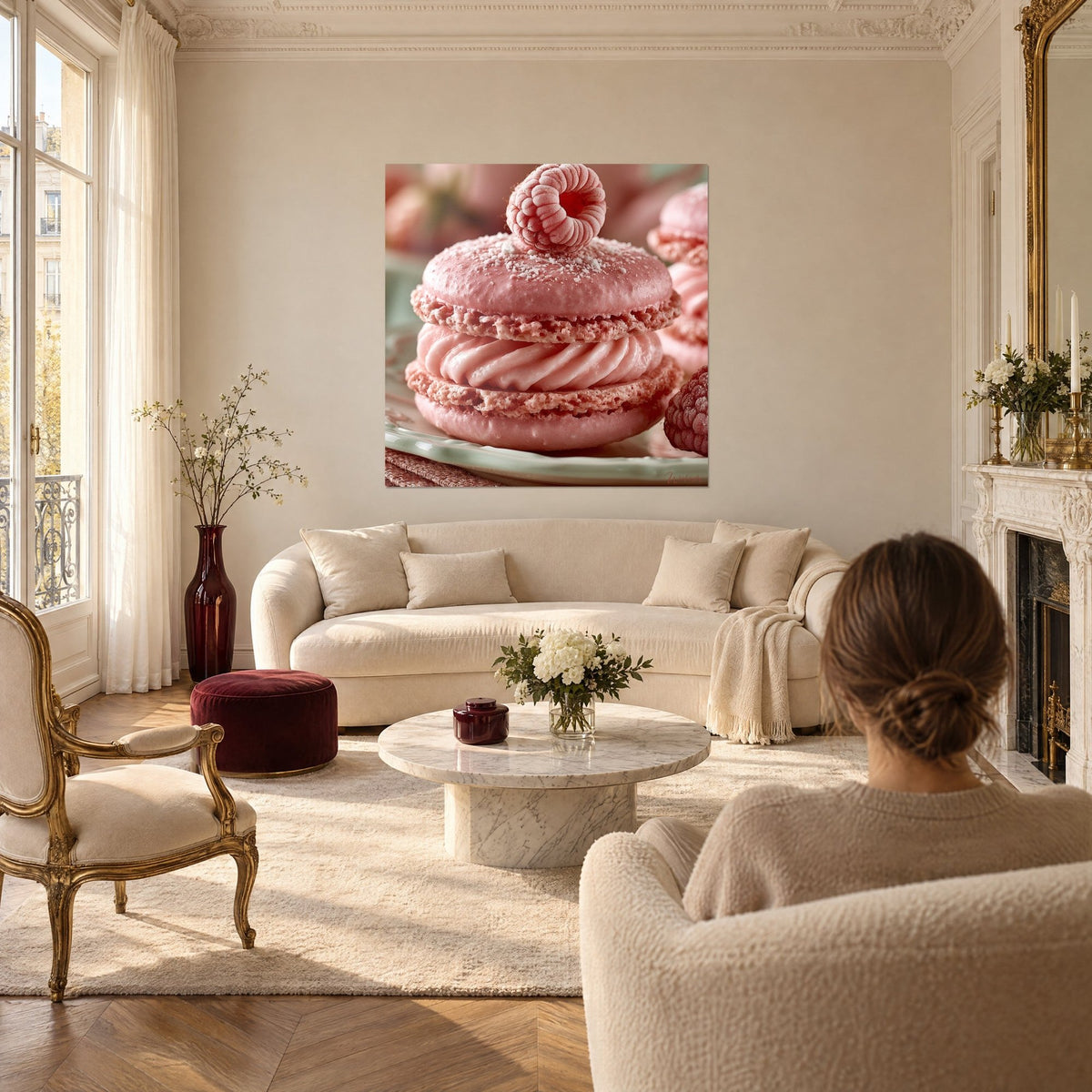 Cuadro macarón rosa empolvado coronado con una frambuesa escarchada, ganache de crema retorcida, colgado sobre un sofá en un salón luminoso