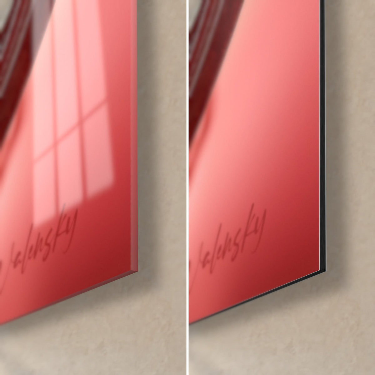 Tableau coque rose vif de macaron, coin bas droit : verre acrylique brillant à gauche, Dibond mat à droite, tranche noire