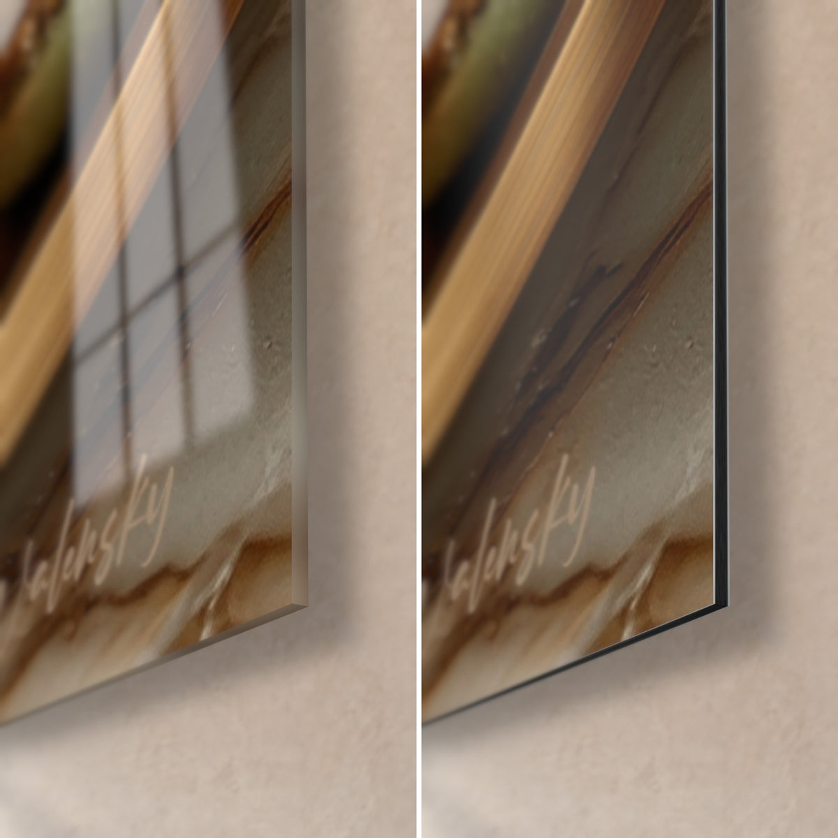 Wall art of soft green and powder-pink macarons, bottom right corner: glossy acrylic glass reflecting the window, matte black Dibond